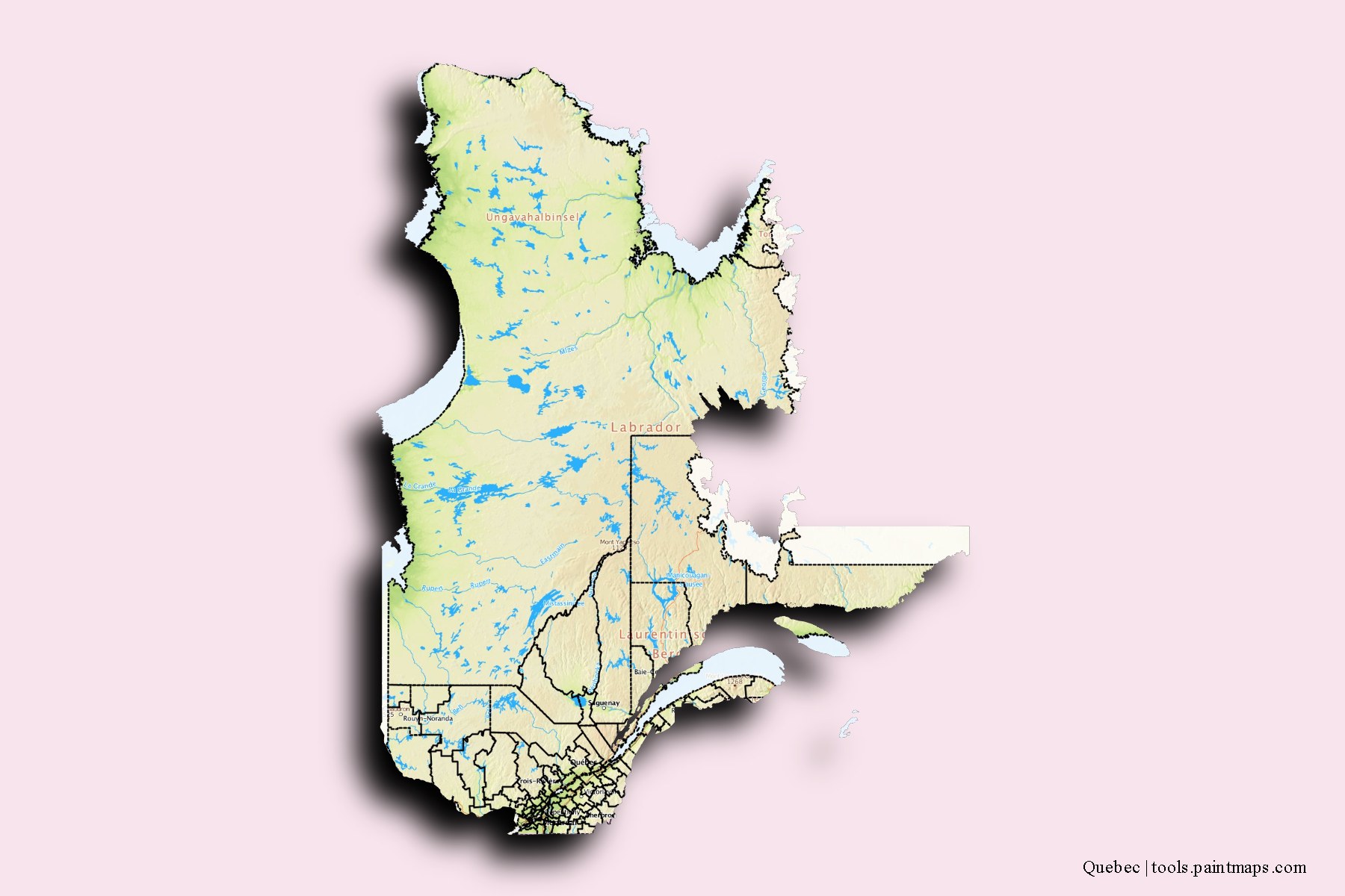 Quebec and counties map with 3D shadow effect