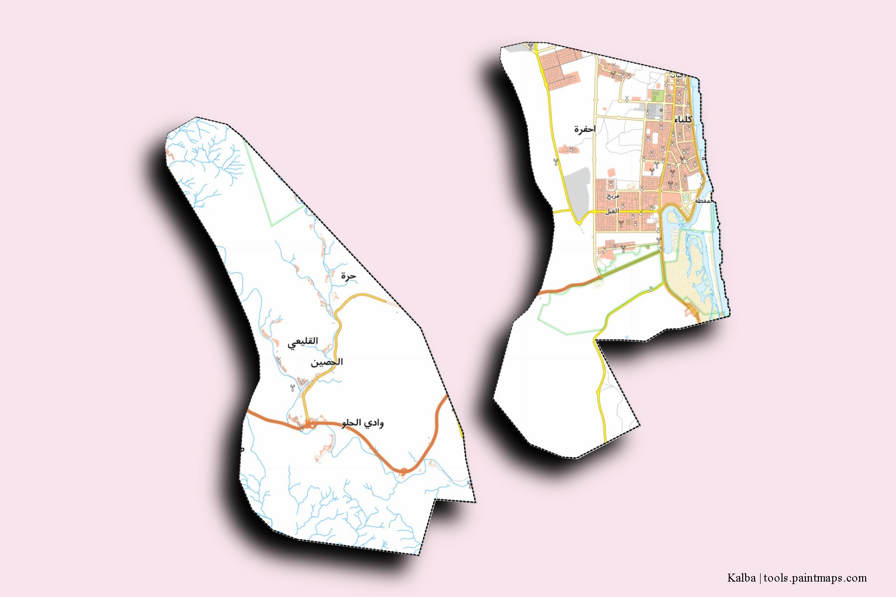 Mapa de barrios y pueblos de Kalba con efecto de sombra 3D