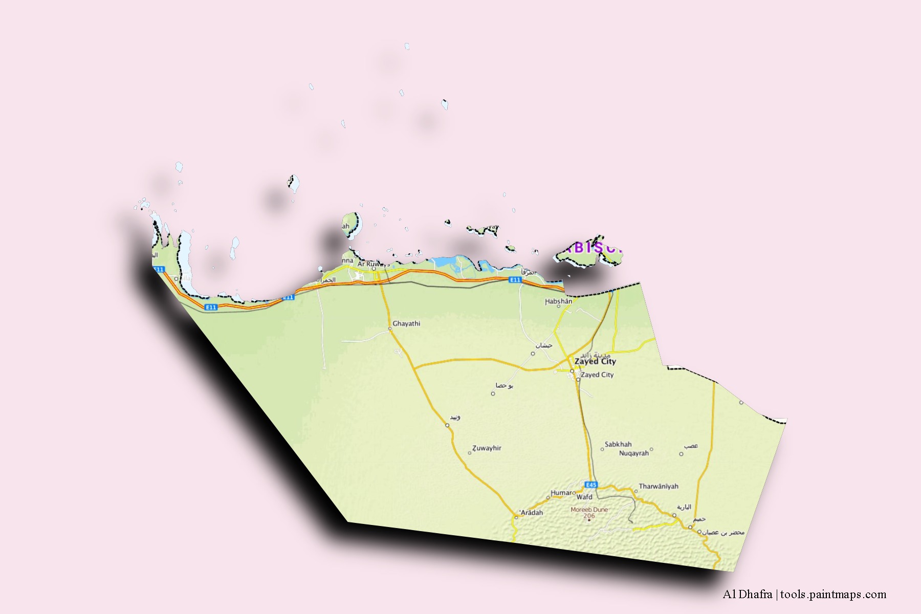 Al Dhafra neighborhoods and villages map with 3D shadow effect