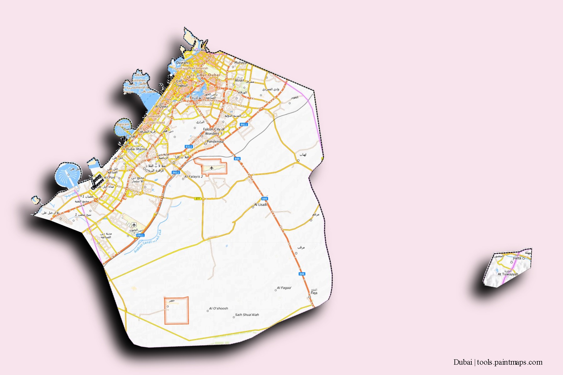 Dubai neighborhoods and villages map with 3D shadow effect