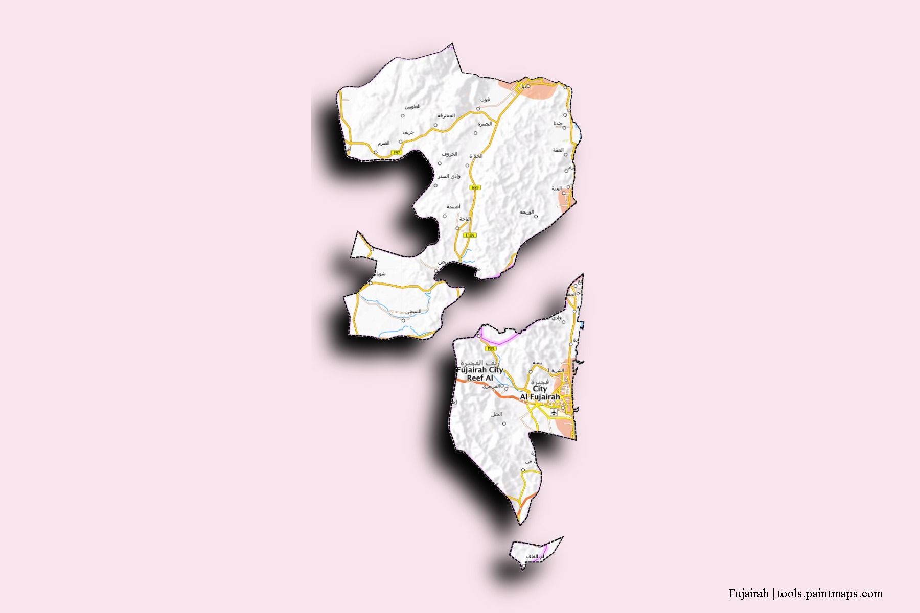 Mapa de barrios y pueblos de Fujairah con efecto de sombra 3D