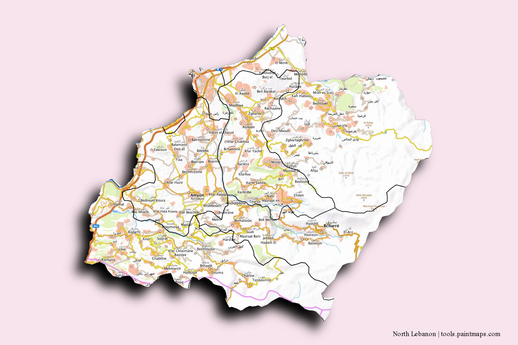 North Lebanon and counties map with 3D shadow effect