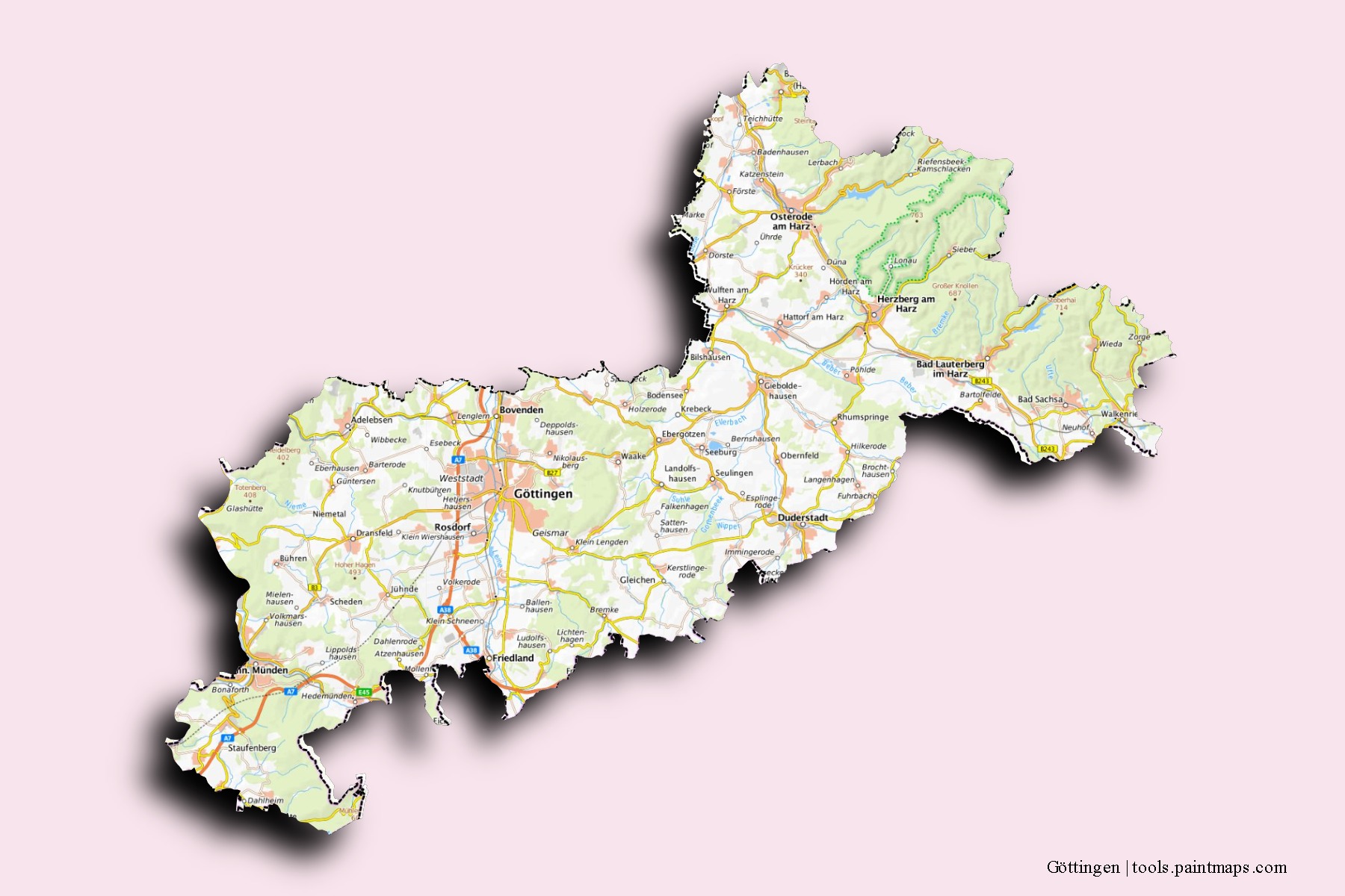 Göttingen neighborhoods and villages map with 3D shadow effect