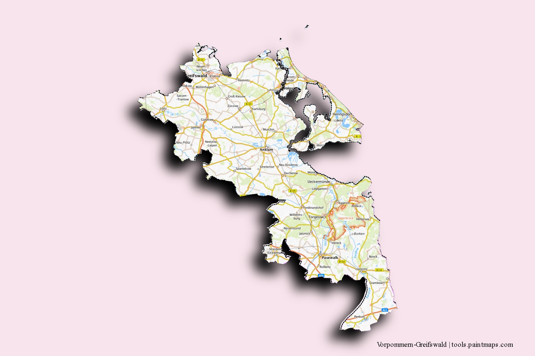 Mapa de barrios y pueblos de Vorpommern-Greifswald con efecto de sombra 3D