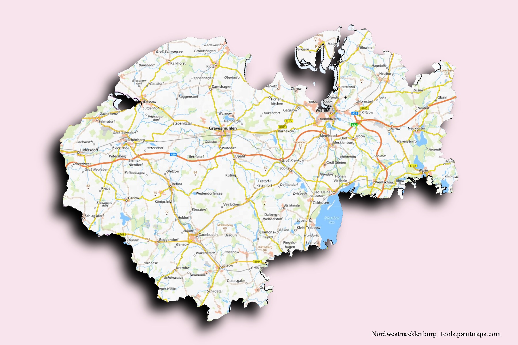 Nordwestmecklenburg neighborhoods and villages map with 3D shadow effect