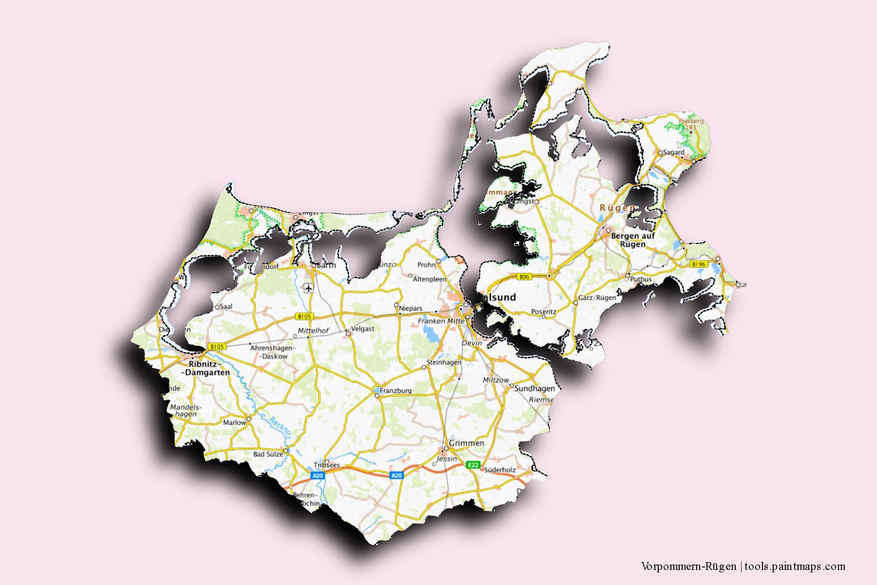 Vorpommern-Rugen neighborhoods and villages map with 3D shadow effect