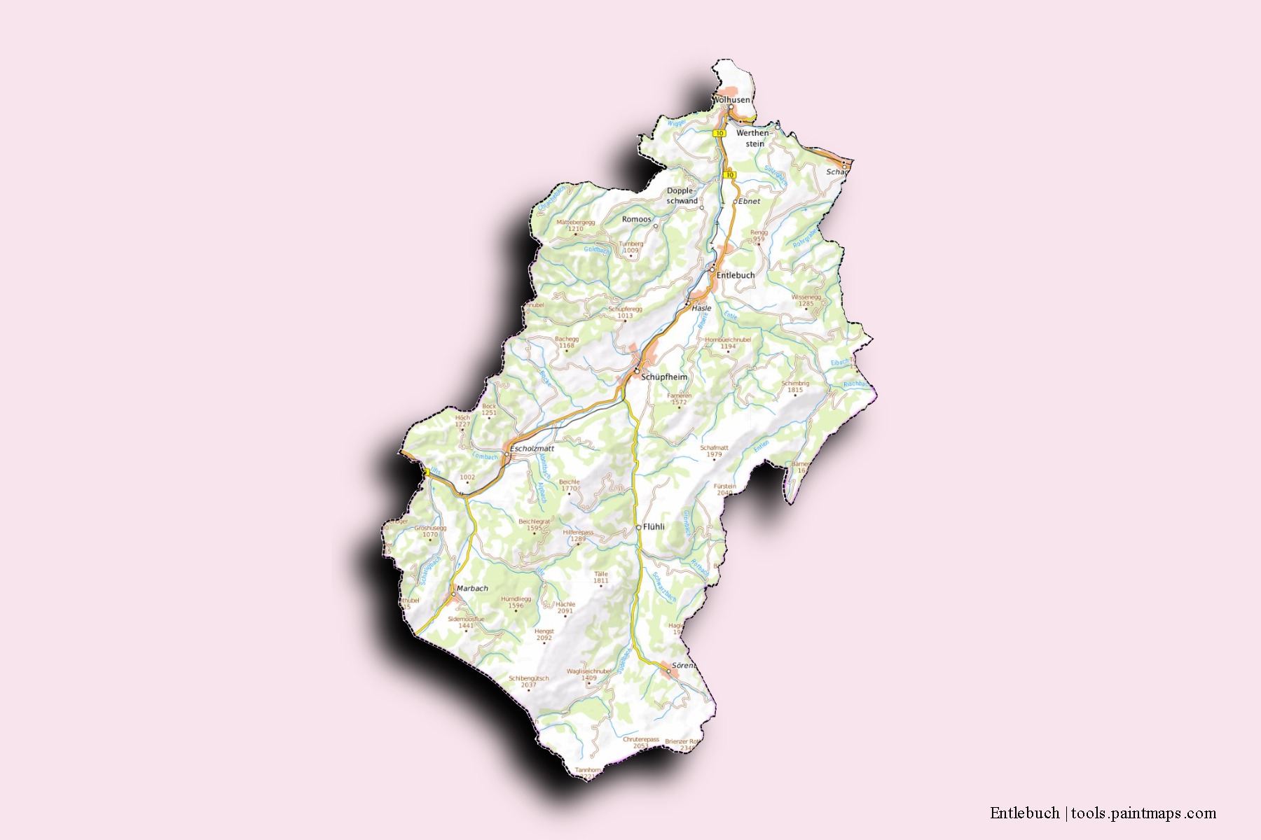 Mapa de barrios y pueblos de Entlebuch con efecto de sombra 3D