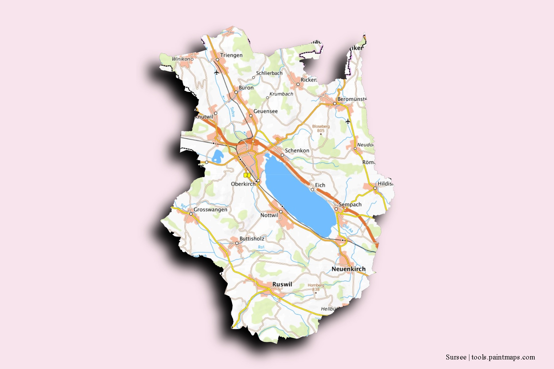 Mapa de barrios y pueblos de Sursee con efecto de sombra 3D