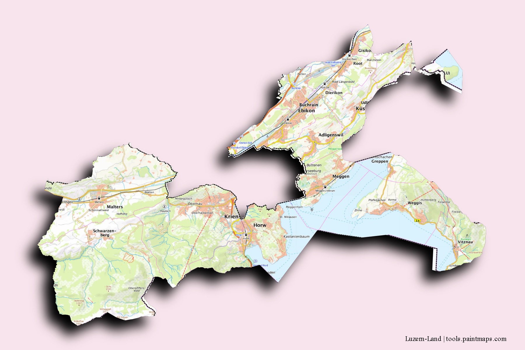 Mapa de barrios y pueblos de Luzern-Land con efecto de sombra 3D