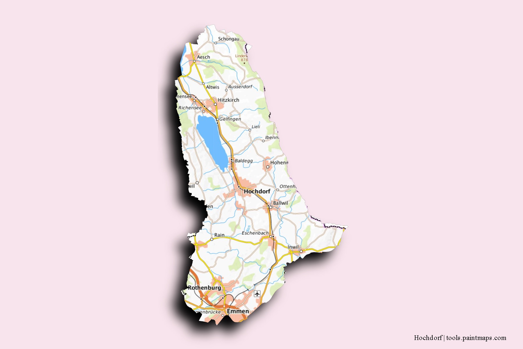 Mapa de barrios y pueblos de Hochdorf con efecto de sombra 3D