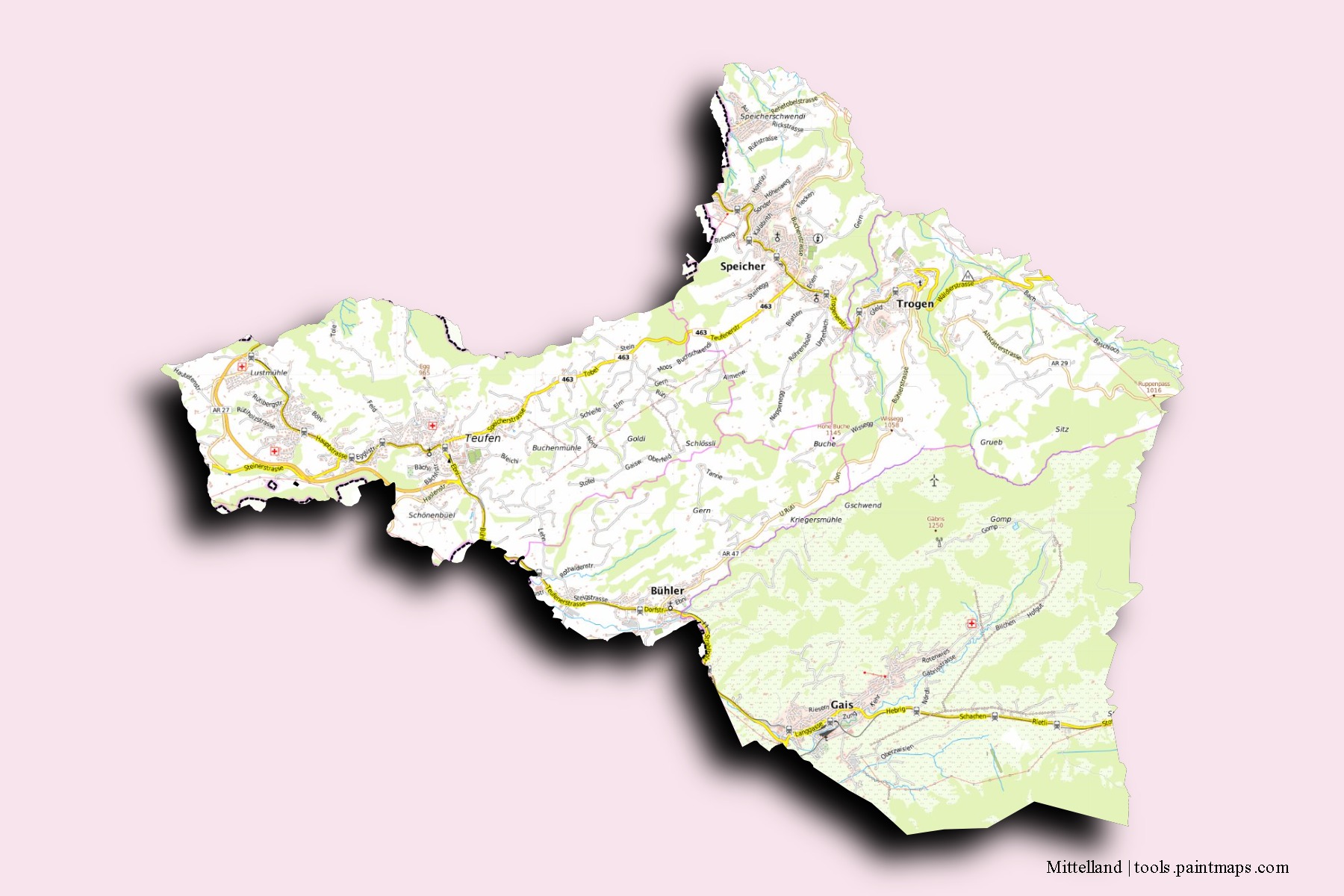 Mittelland neighborhoods and villages map with 3D shadow effect