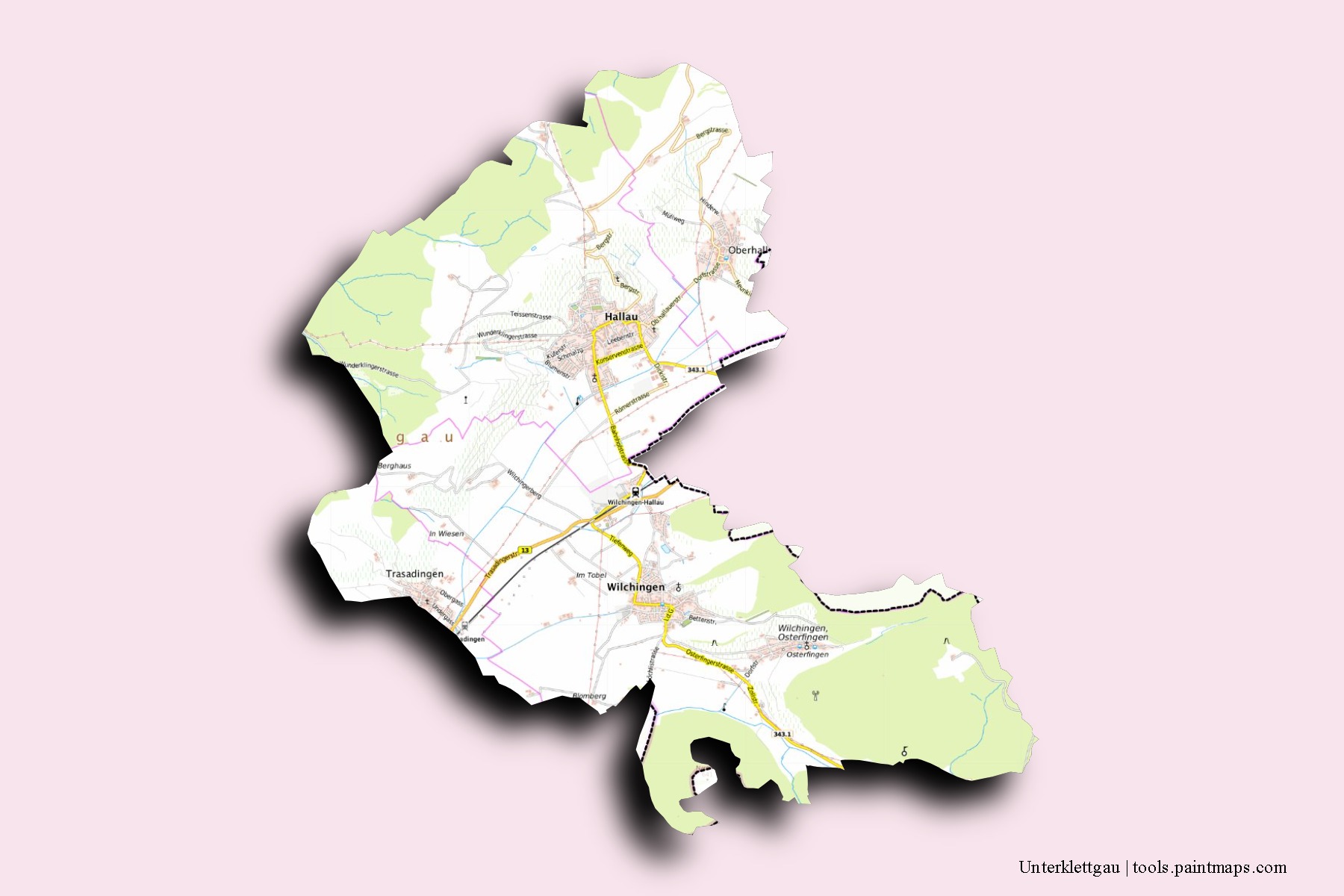 Unterklettgau neighborhoods and villages map with 3D shadow effect