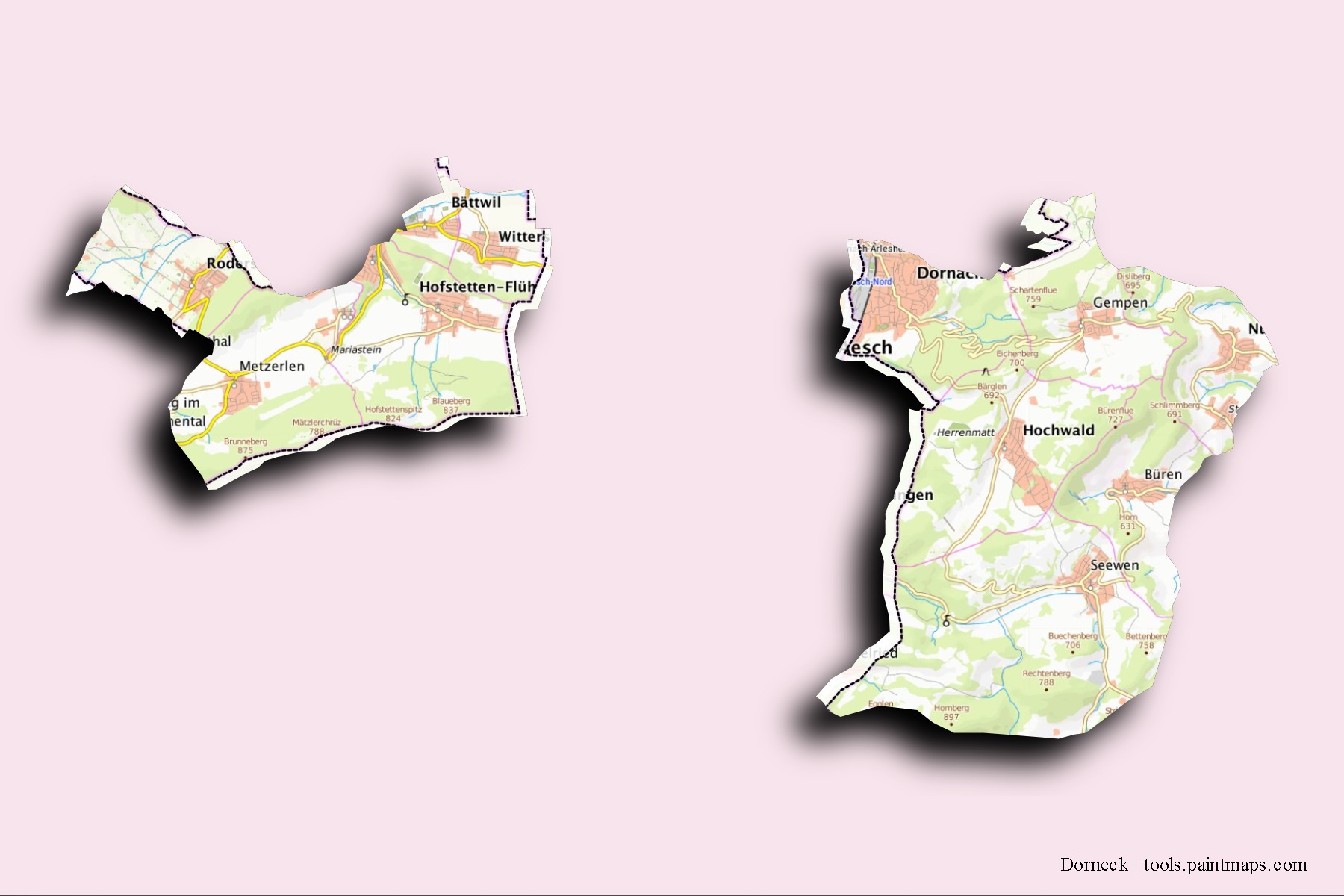 Mapa de barrios y pueblos de Dorneck con efecto de sombra 3D