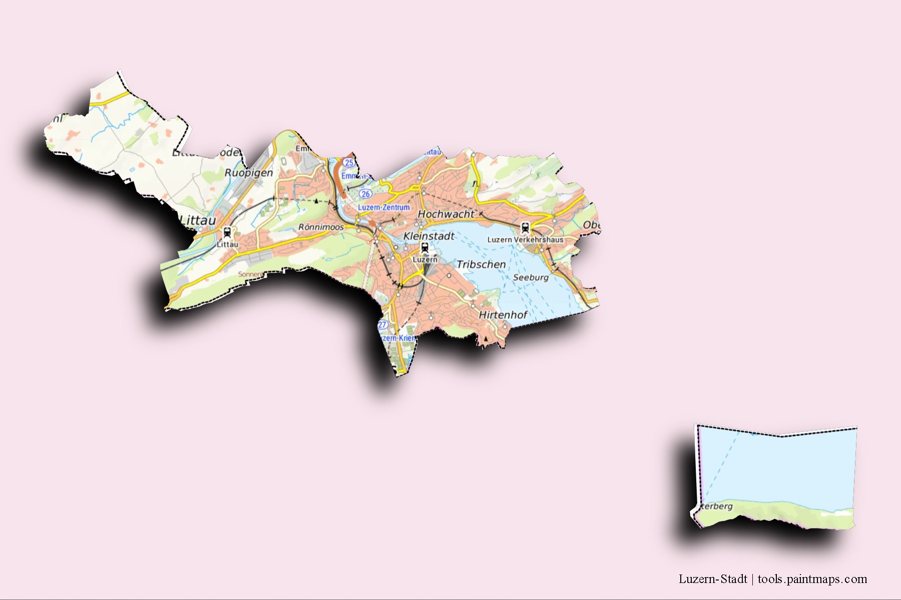 Luzern-Stadt neighborhoods and villages map with 3D shadow effect