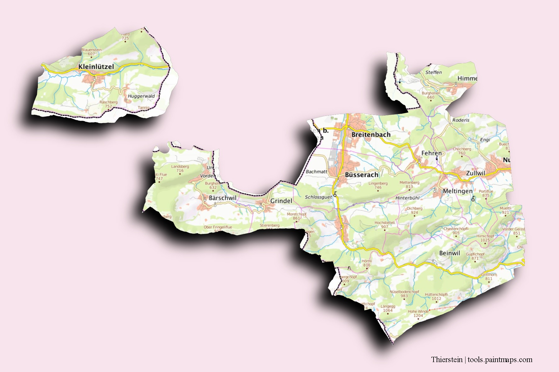 3D gölge efektli Thierstein mahalleleri ve köyleri haritası