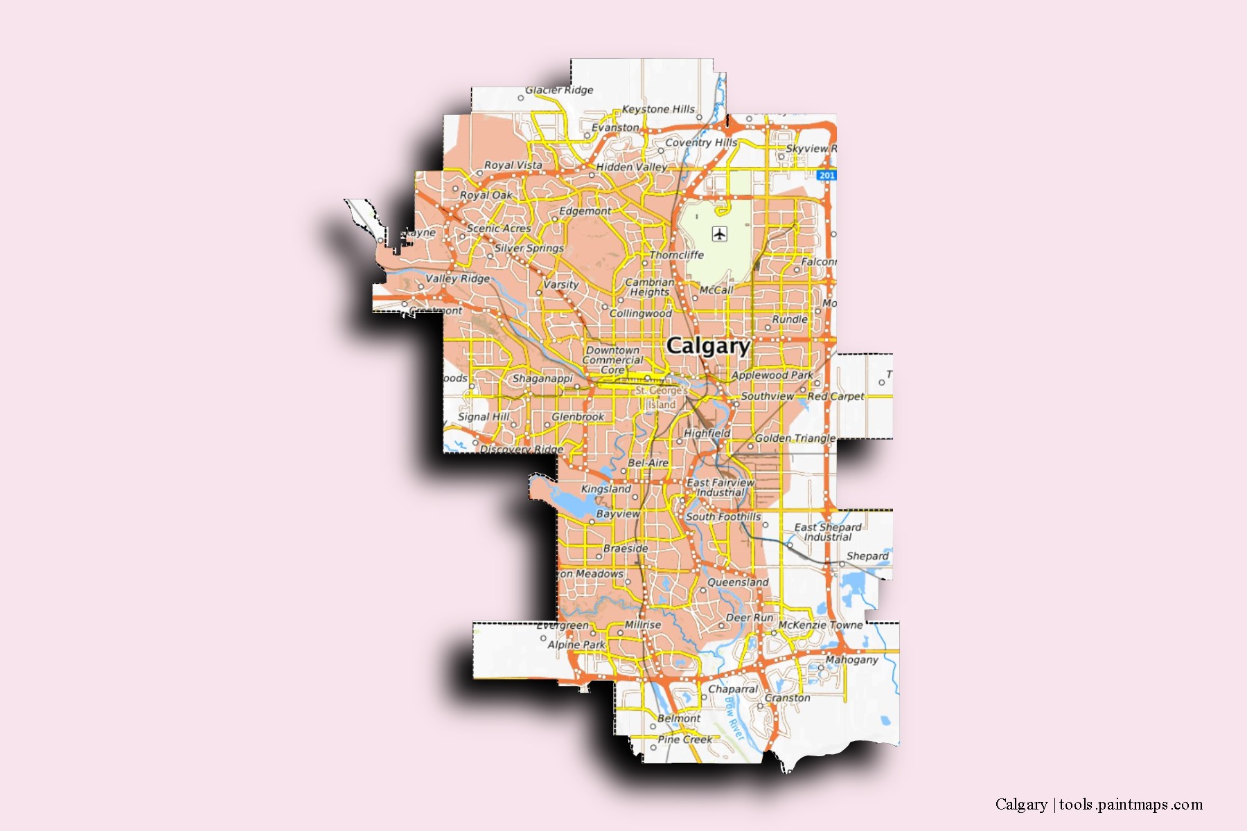 Mapa de barrios y pueblos de Calgary con efecto de sombra 3D