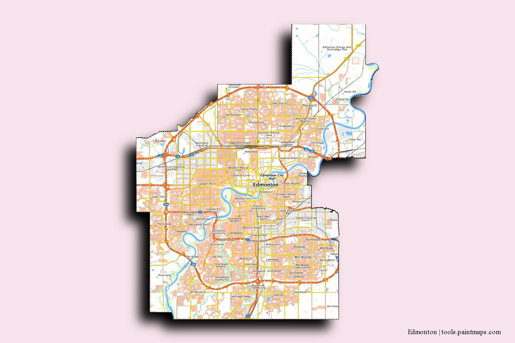 Edmonton neighborhoods and villages map with 3D shadow effect