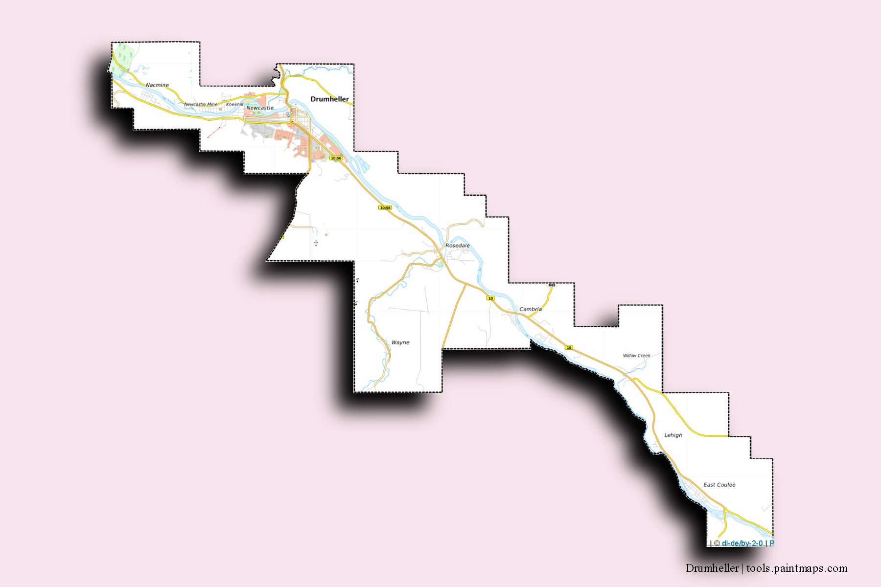 Mapa de barrios y pueblos de Drumheller con efecto de sombra 3D