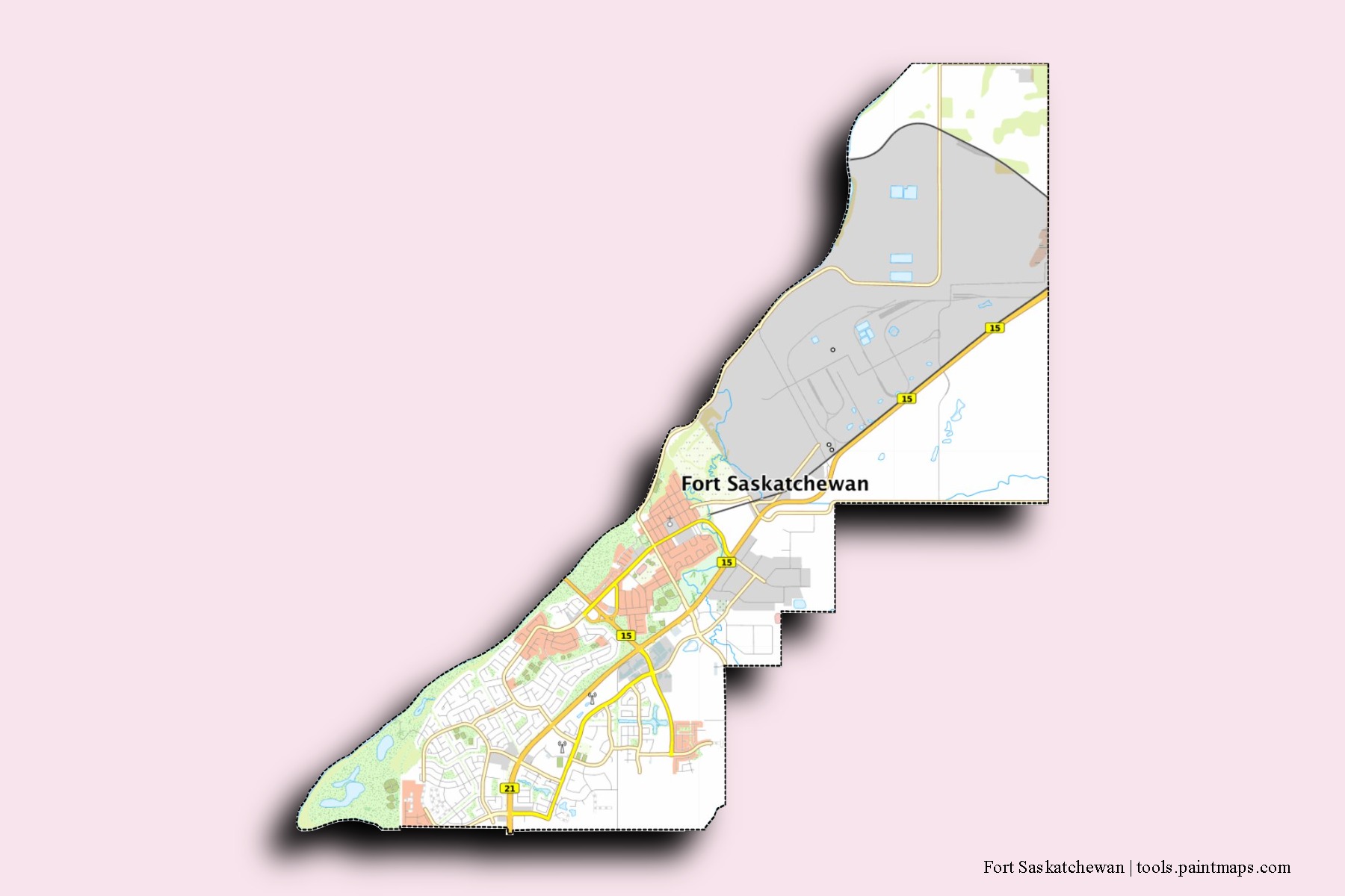 Fort Saskatchewan neighborhoods and villages map with 3D shadow effect