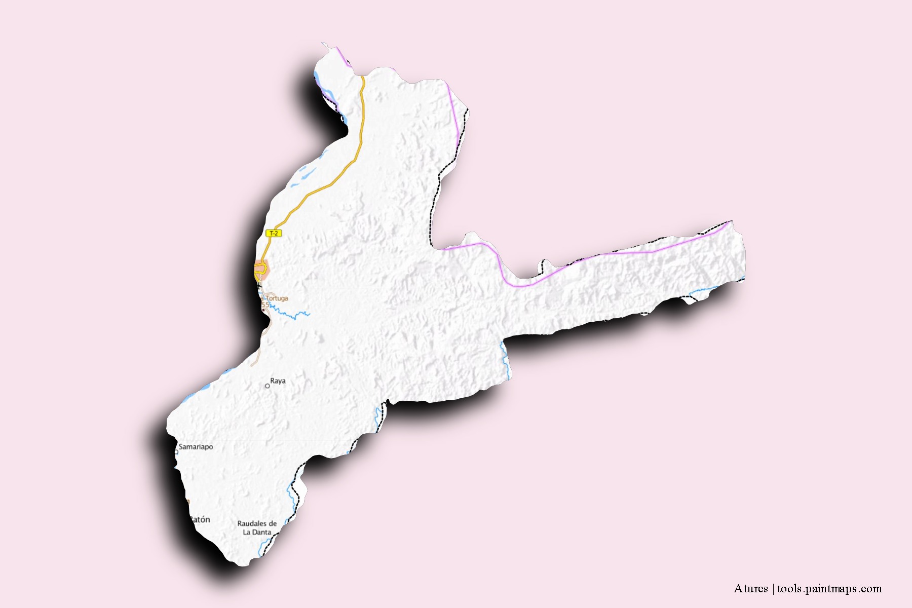 Mapa de barrios y pueblos de Atures con efecto de sombra 3D