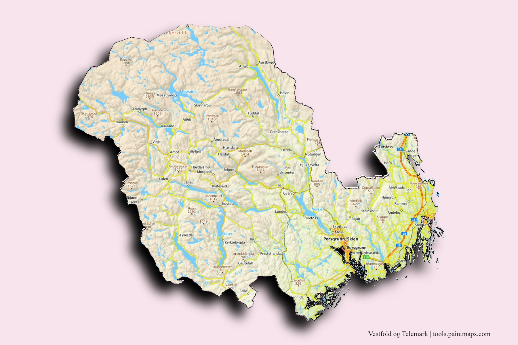 Mapa de Vestfold og Telemark y sus distritos con efecto de sombra 3D