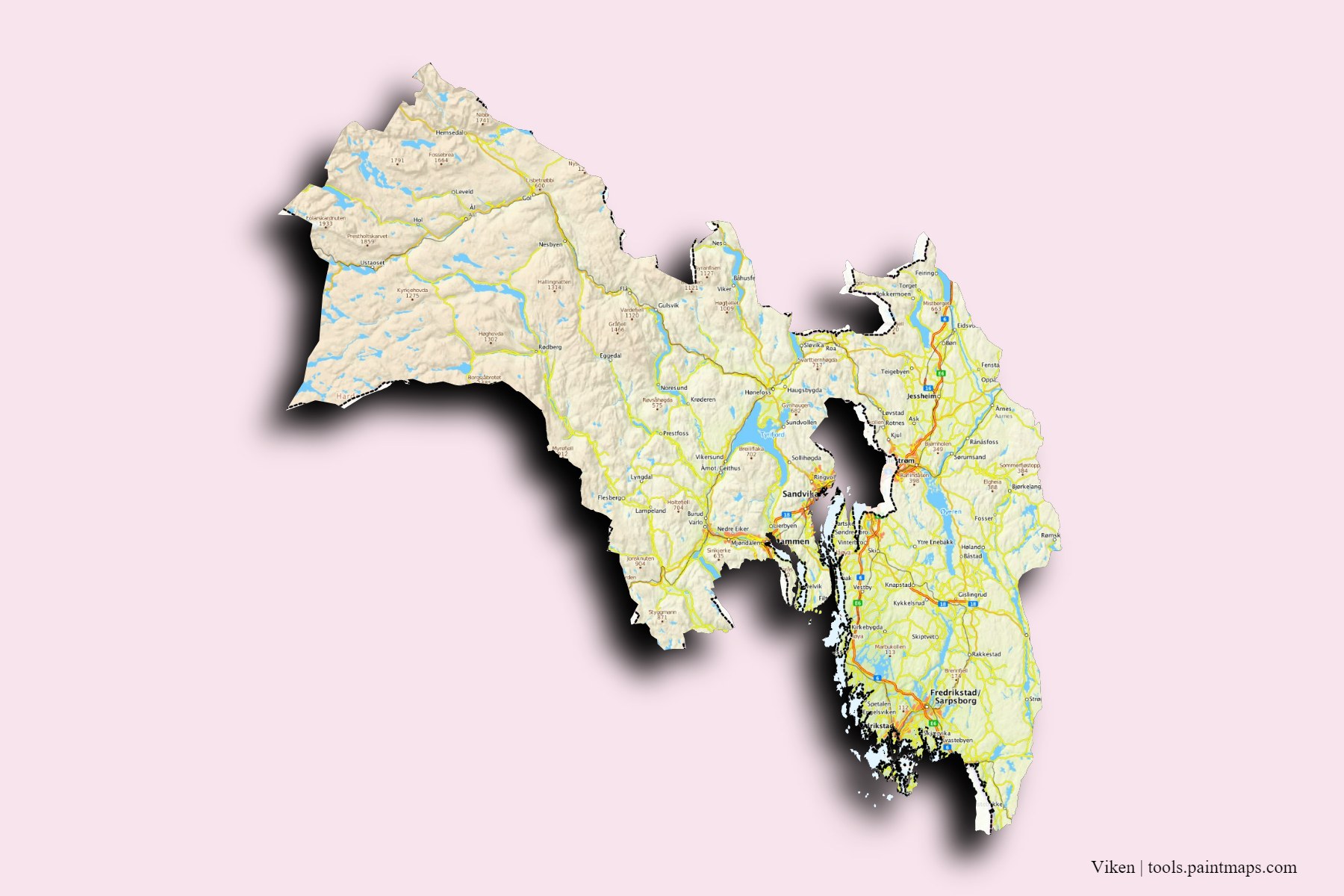 Viken and counties map with 3D shadow effect