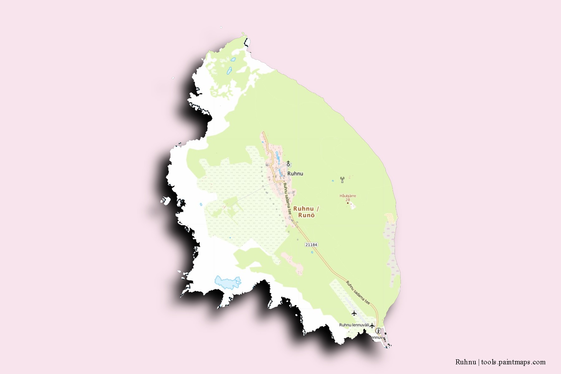 Ruhnu neighborhoods and villages map with 3D shadow effect