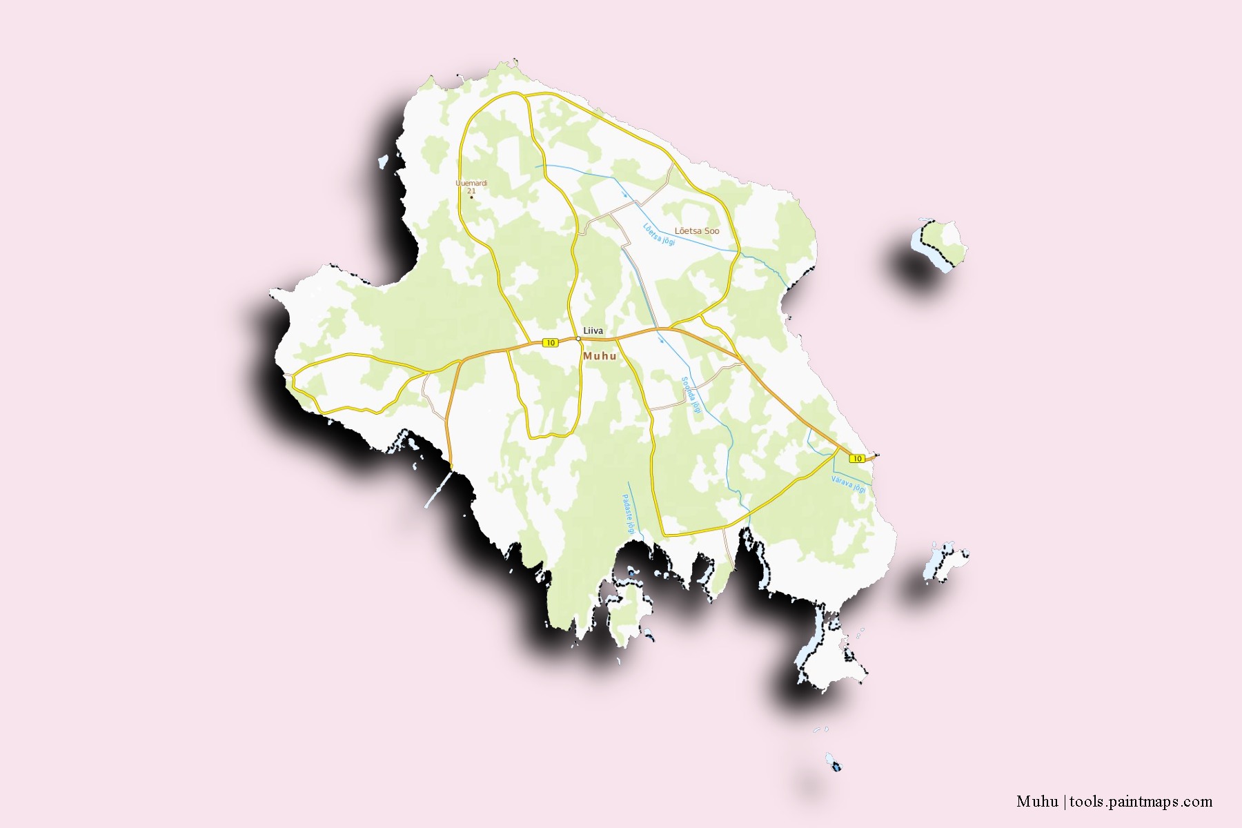 Muhu neighborhoods and villages map with 3D shadow effect