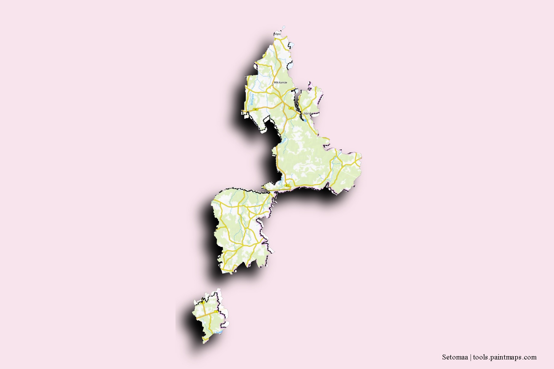 Mapa de barrios y pueblos de Setomaa con efecto de sombra 3D