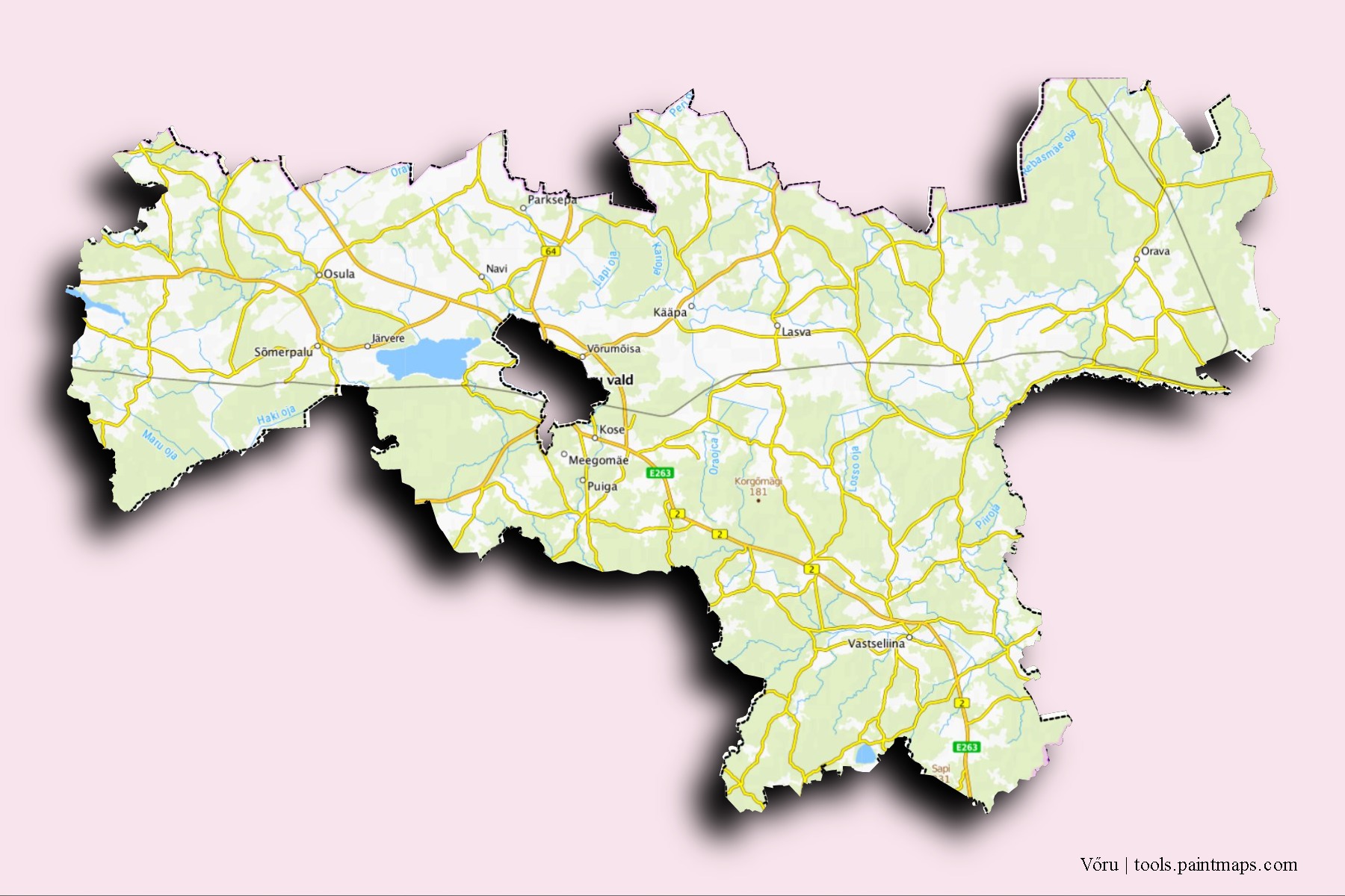 Mapa de barrios y pueblos de Vőru con efecto de sombra 3D