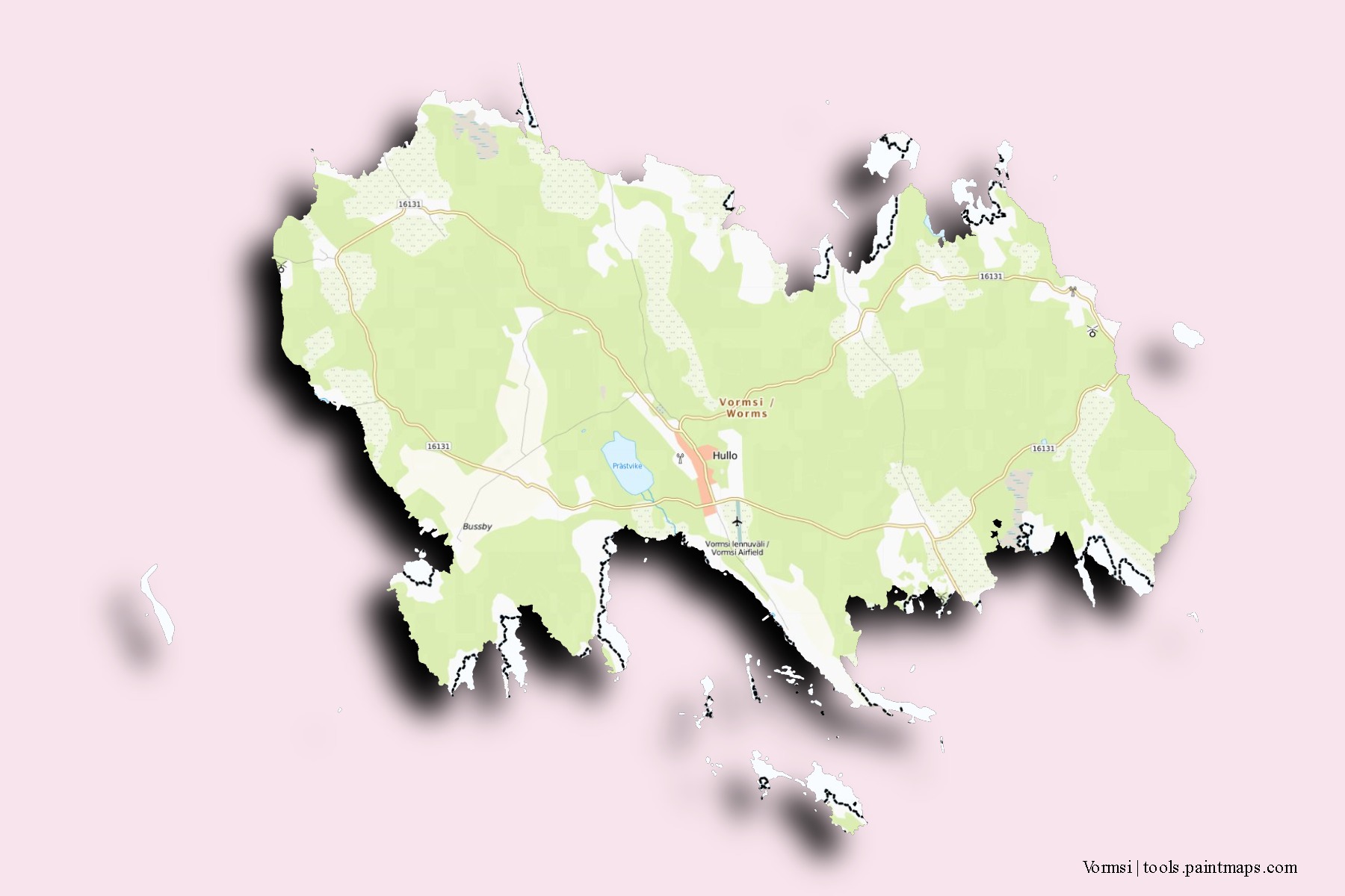 Mapa de barrios y pueblos de Vormsi con efecto de sombra 3D