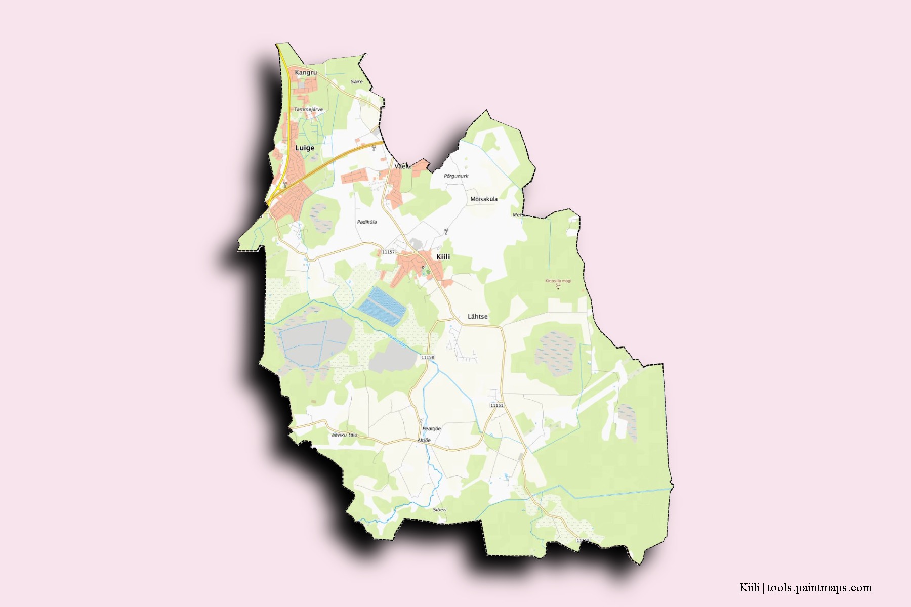 Kiili neighborhoods and villages map with 3D shadow effect