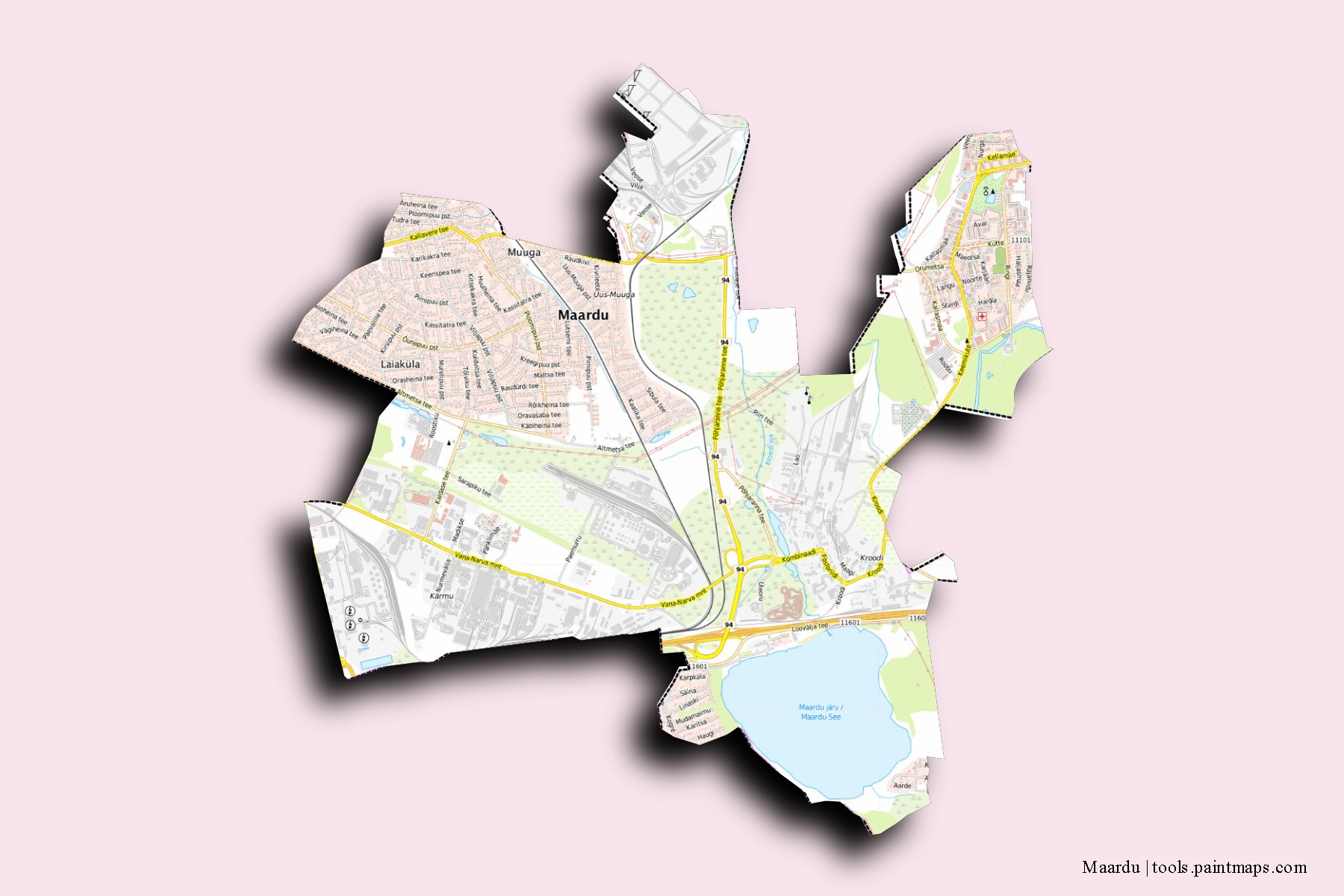 Maardu neighborhoods and villages map with 3D shadow effect