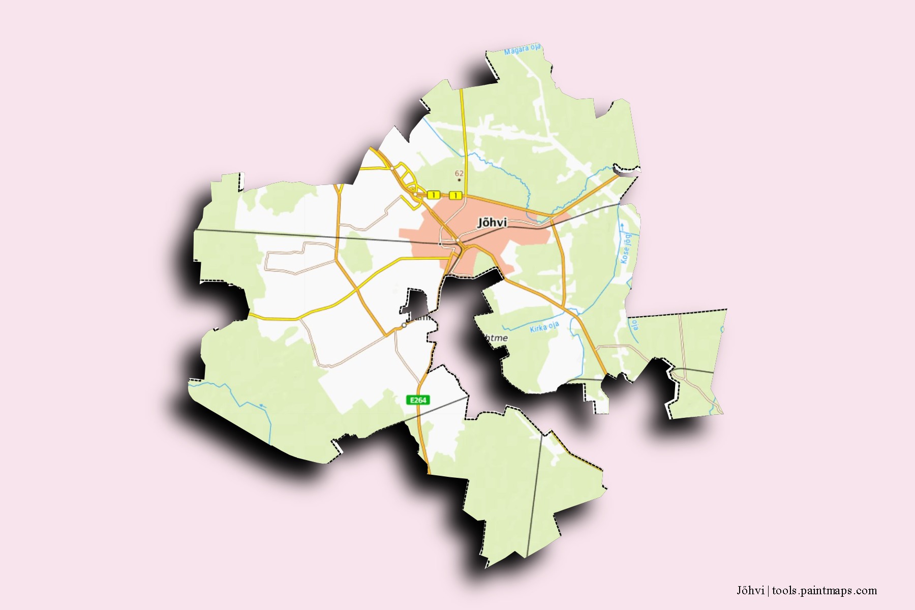 Mapa de barrios y pueblos de Jőhvi con efecto de sombra 3D