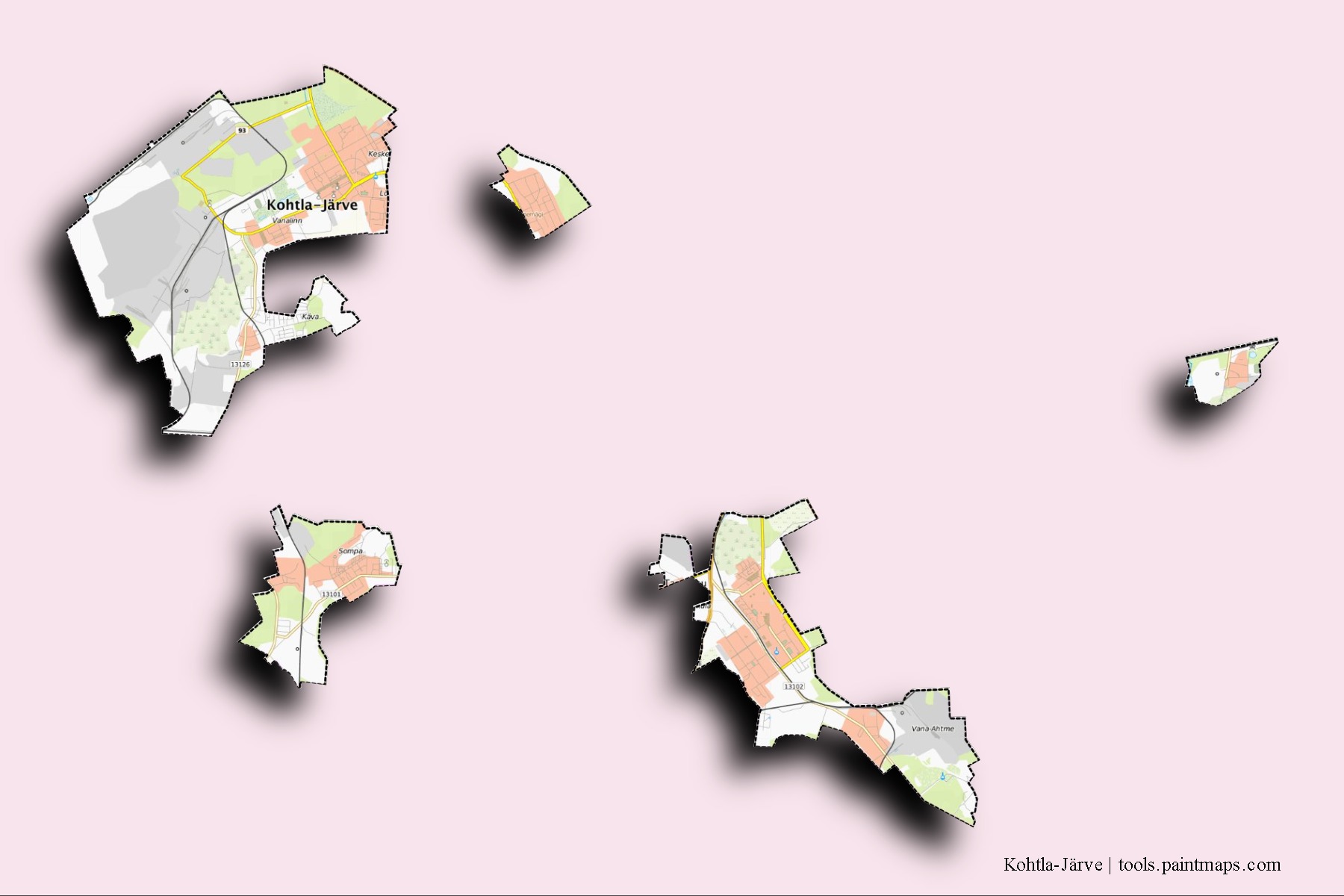 Mapa de barrios y pueblos de Kohtla-Järve con efecto de sombra 3D