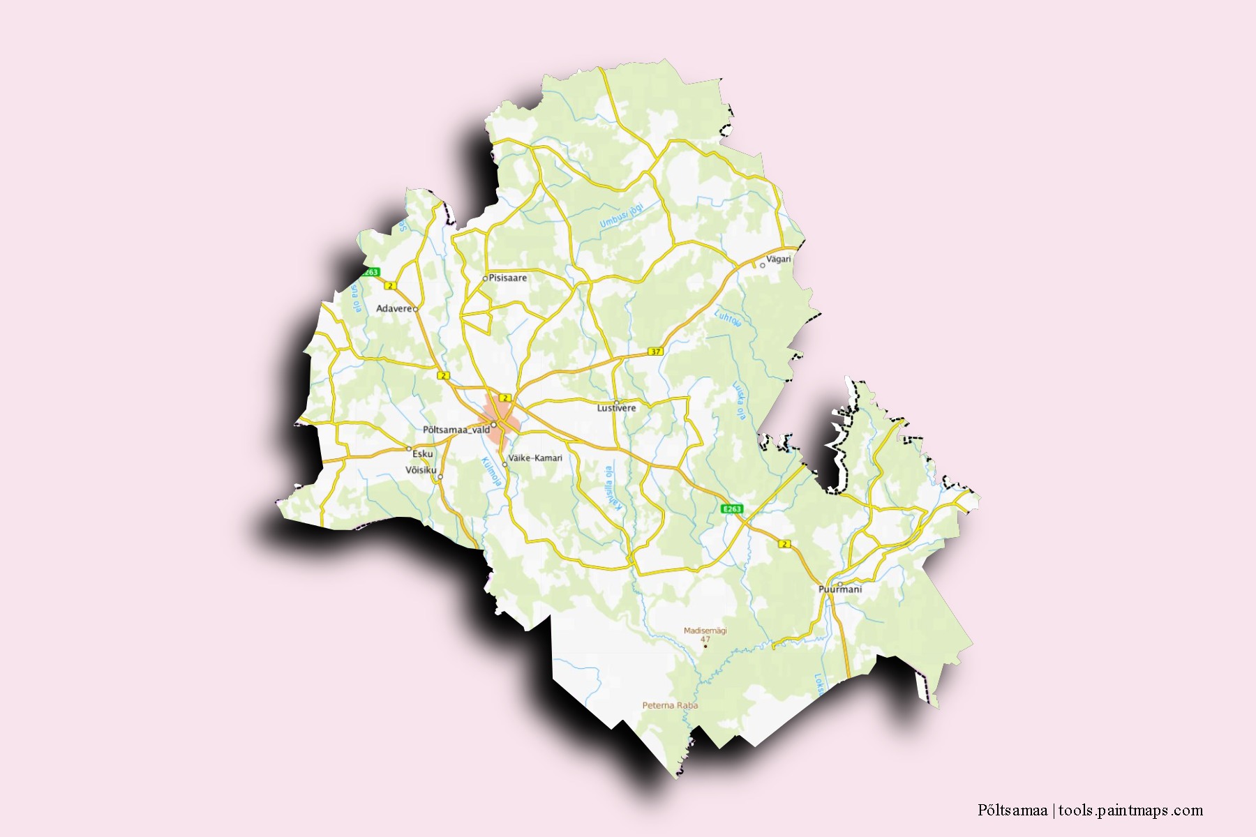 Pőltsamaa neighborhoods and villages map with 3D shadow effect