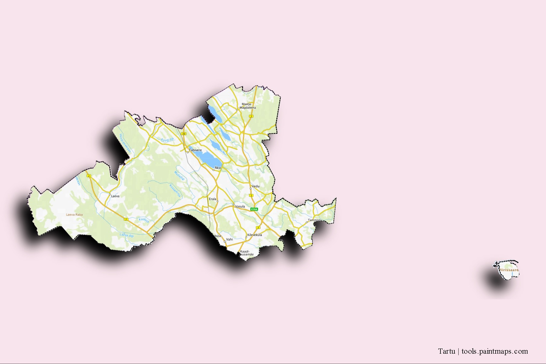 Mapa de barrios y pueblos de Tartu con efecto de sombra 3D