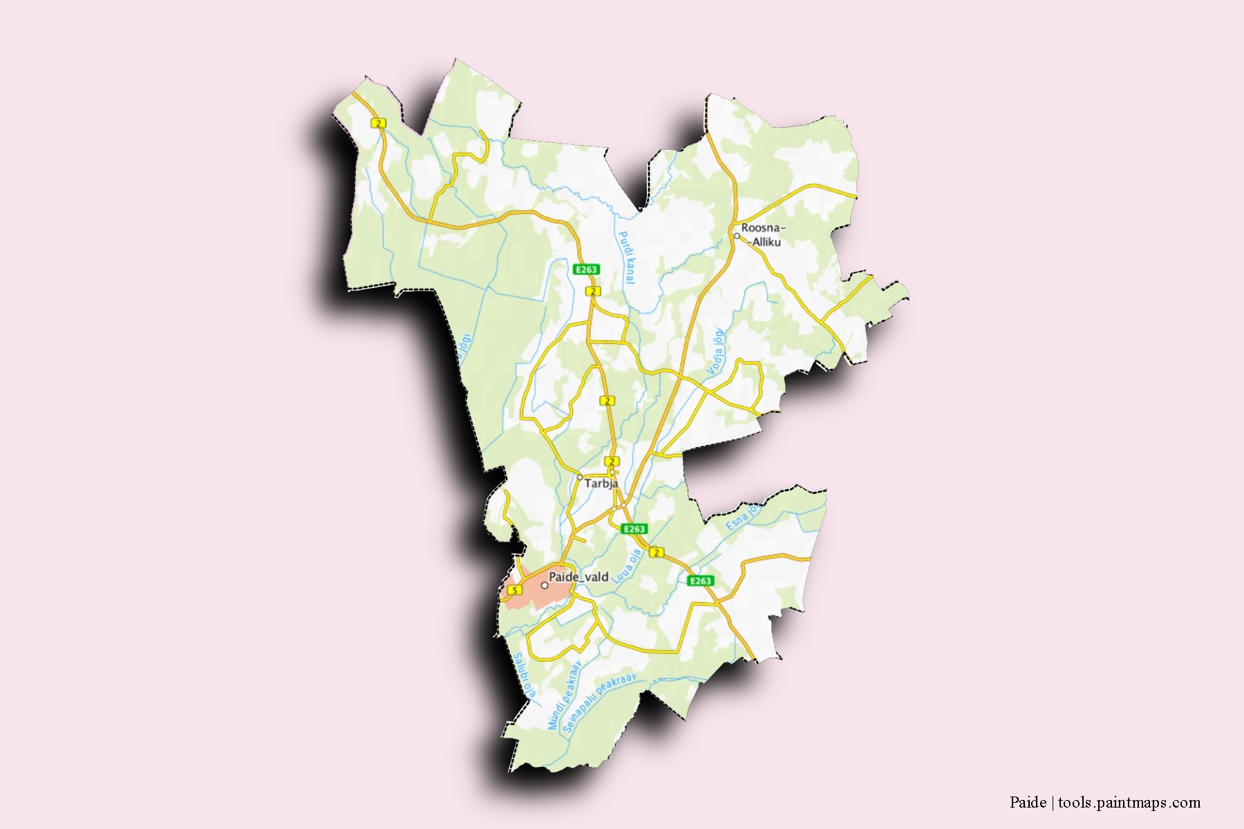 Mapa de barrios y pueblos de Paide con efecto de sombra 3D