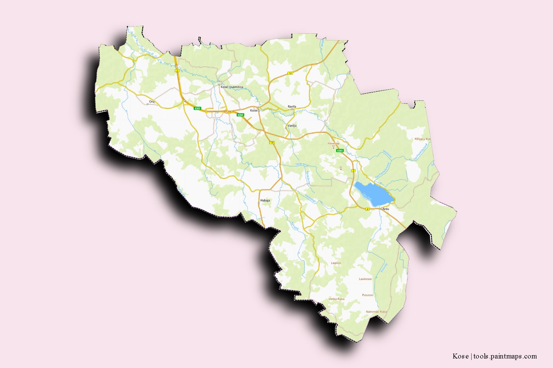 Mapa de barrios y pueblos de Kose con efecto de sombra 3D