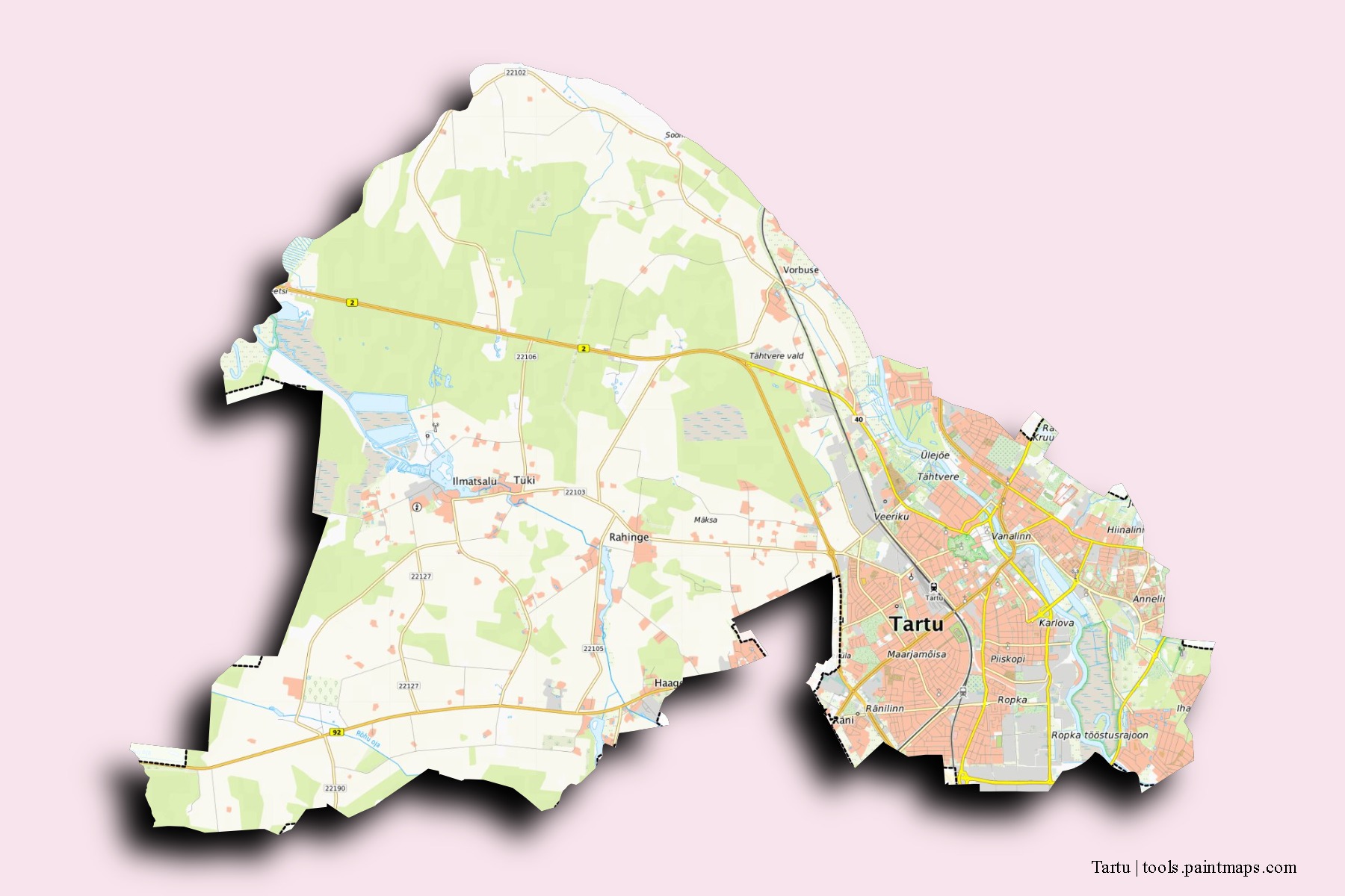 3D gölge efektli Tartu mahalleleri ve köyleri haritası