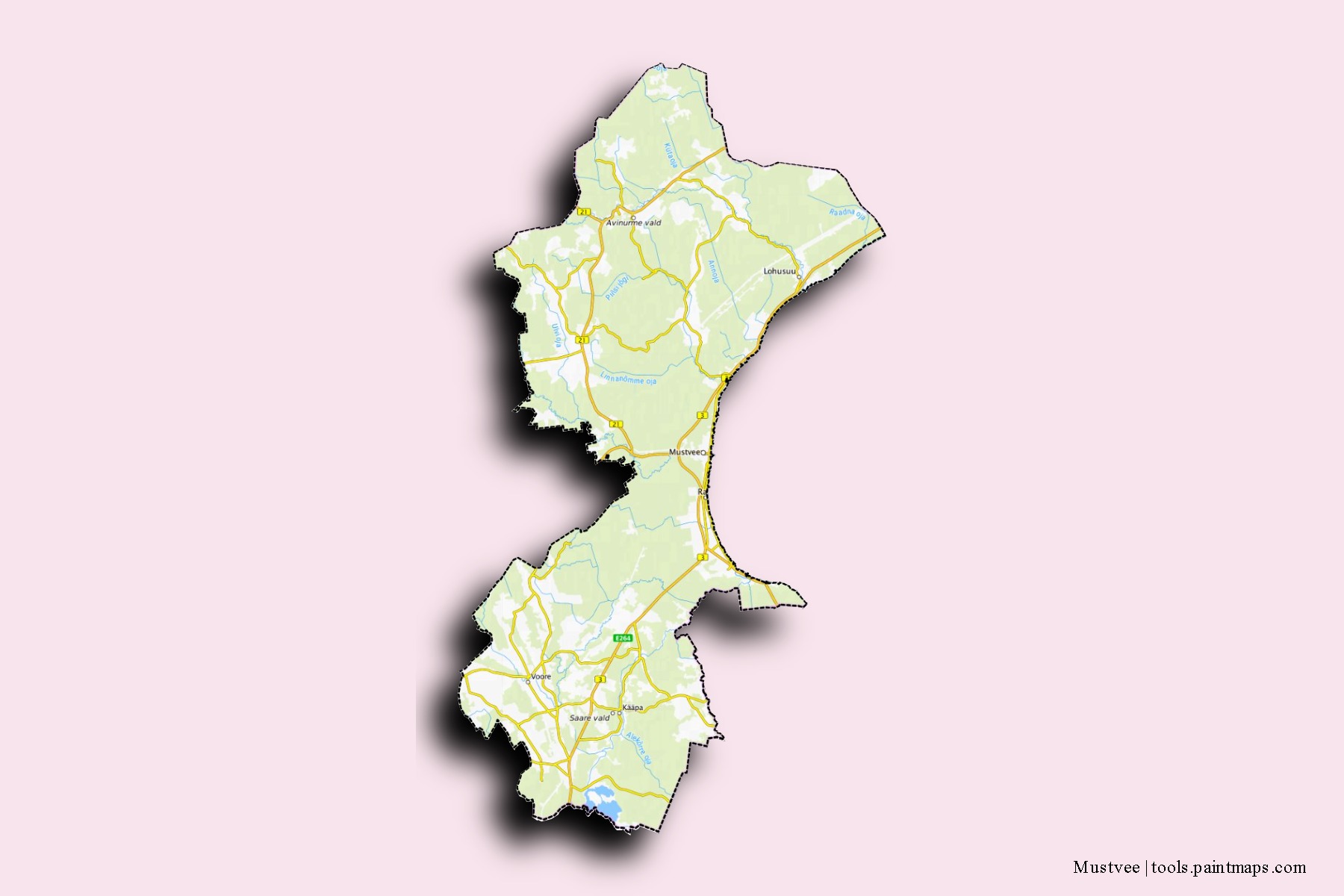 Mapa de barrios y pueblos de Mustvee con efecto de sombra 3D