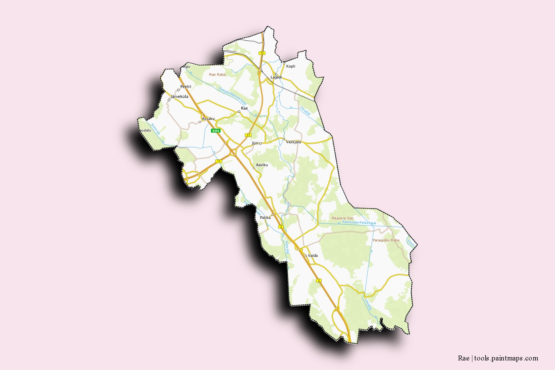 Mapa de barrios y pueblos de Rae con efecto de sombra 3D