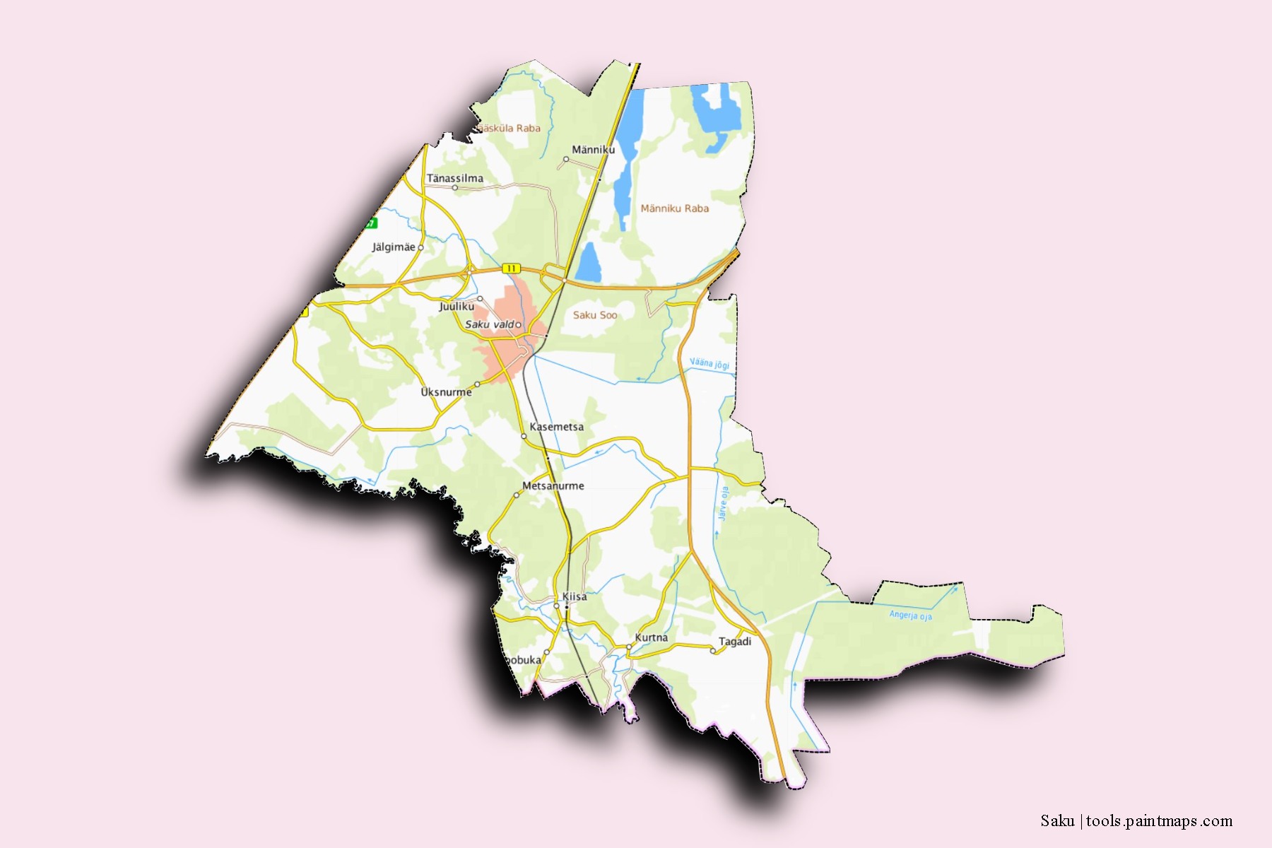 Mapa de barrios y pueblos de Saku con efecto de sombra 3D