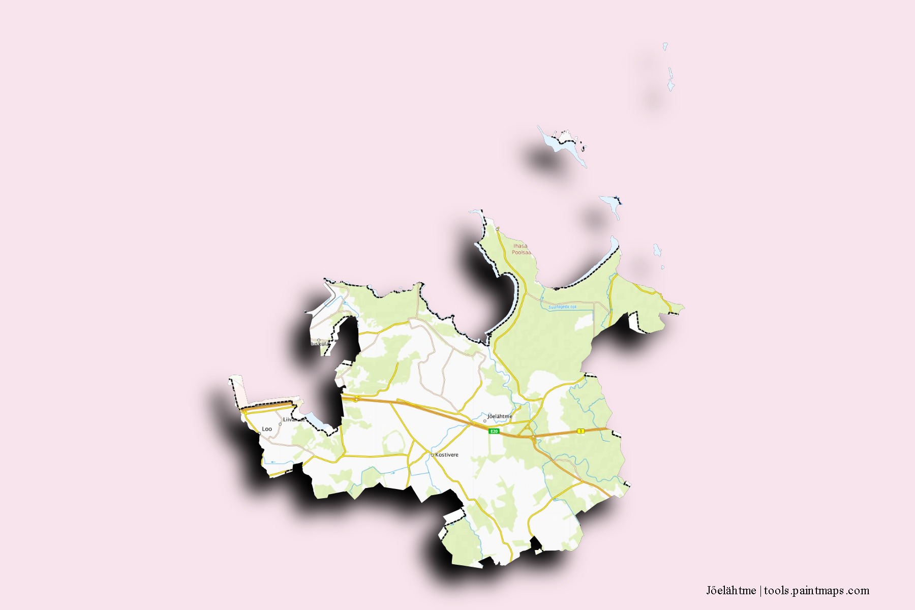 Mapa de barrios y pueblos de Jőelähtme con efecto de sombra 3D