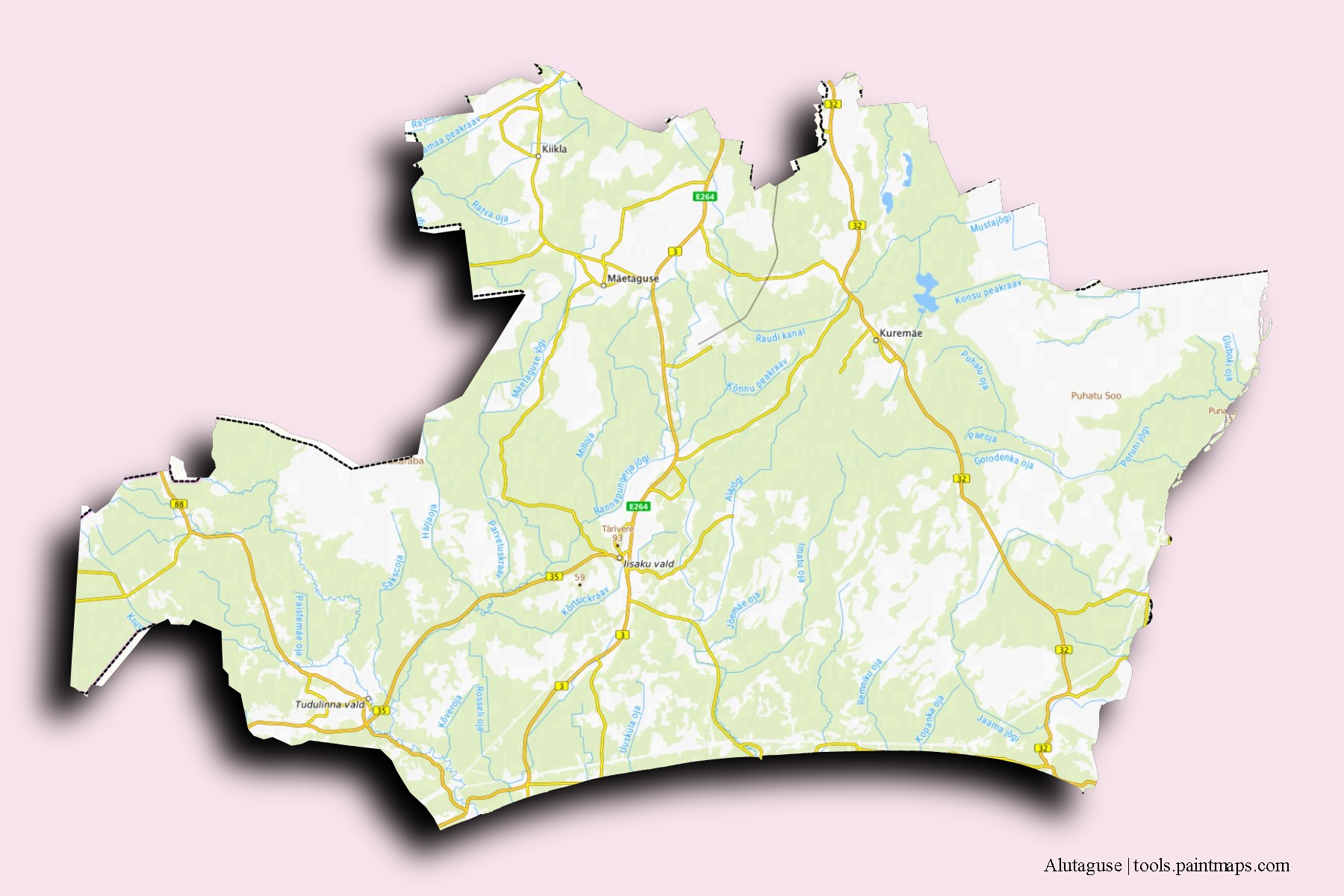 Alutaguse neighborhoods and villages map with 3D shadow effect