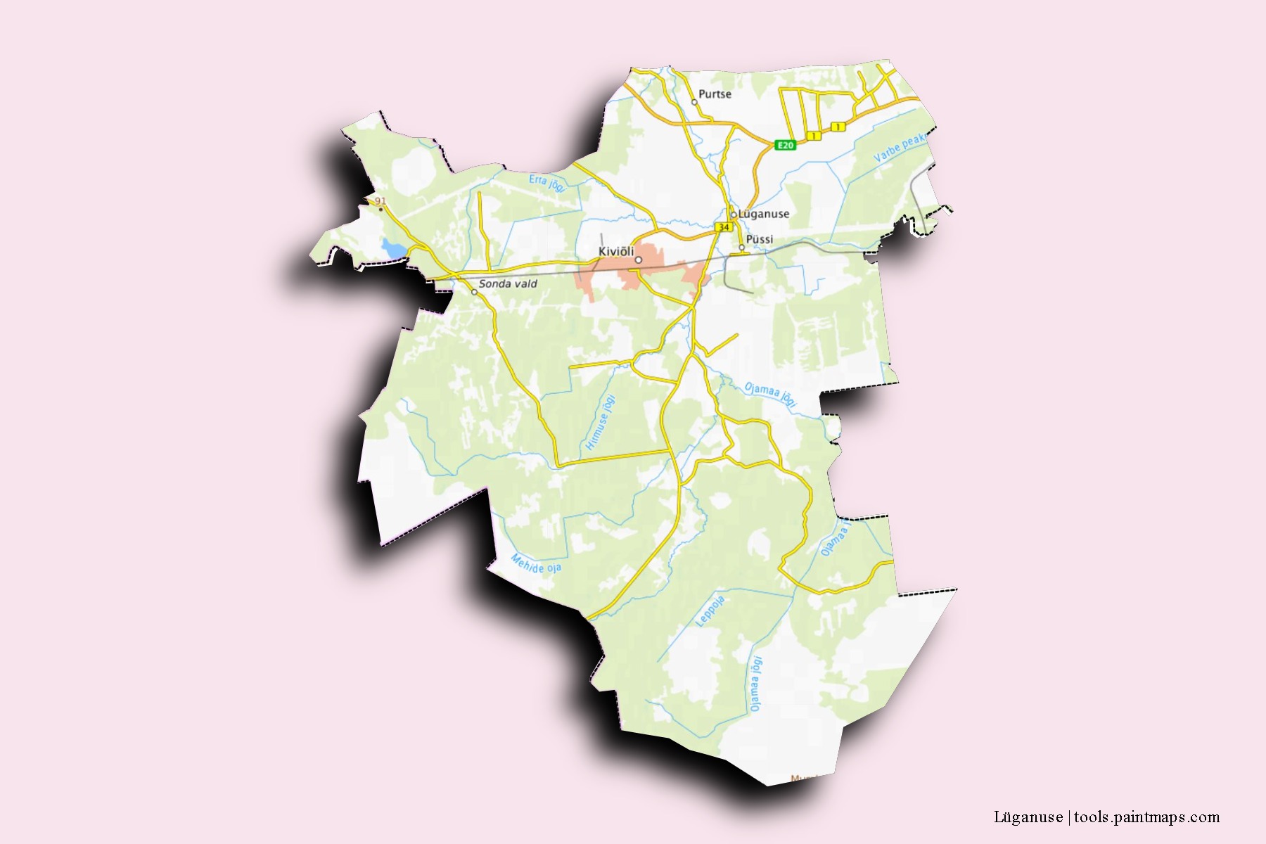 Mapa de barrios y pueblos de Lüganuse con efecto de sombra 3D