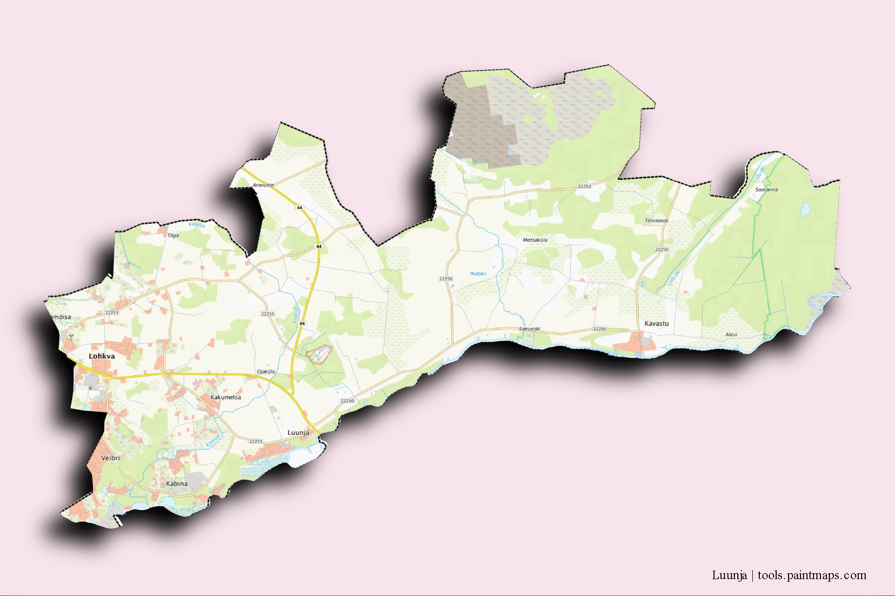 Mapa de barrios y pueblos de Luunja con efecto de sombra 3D