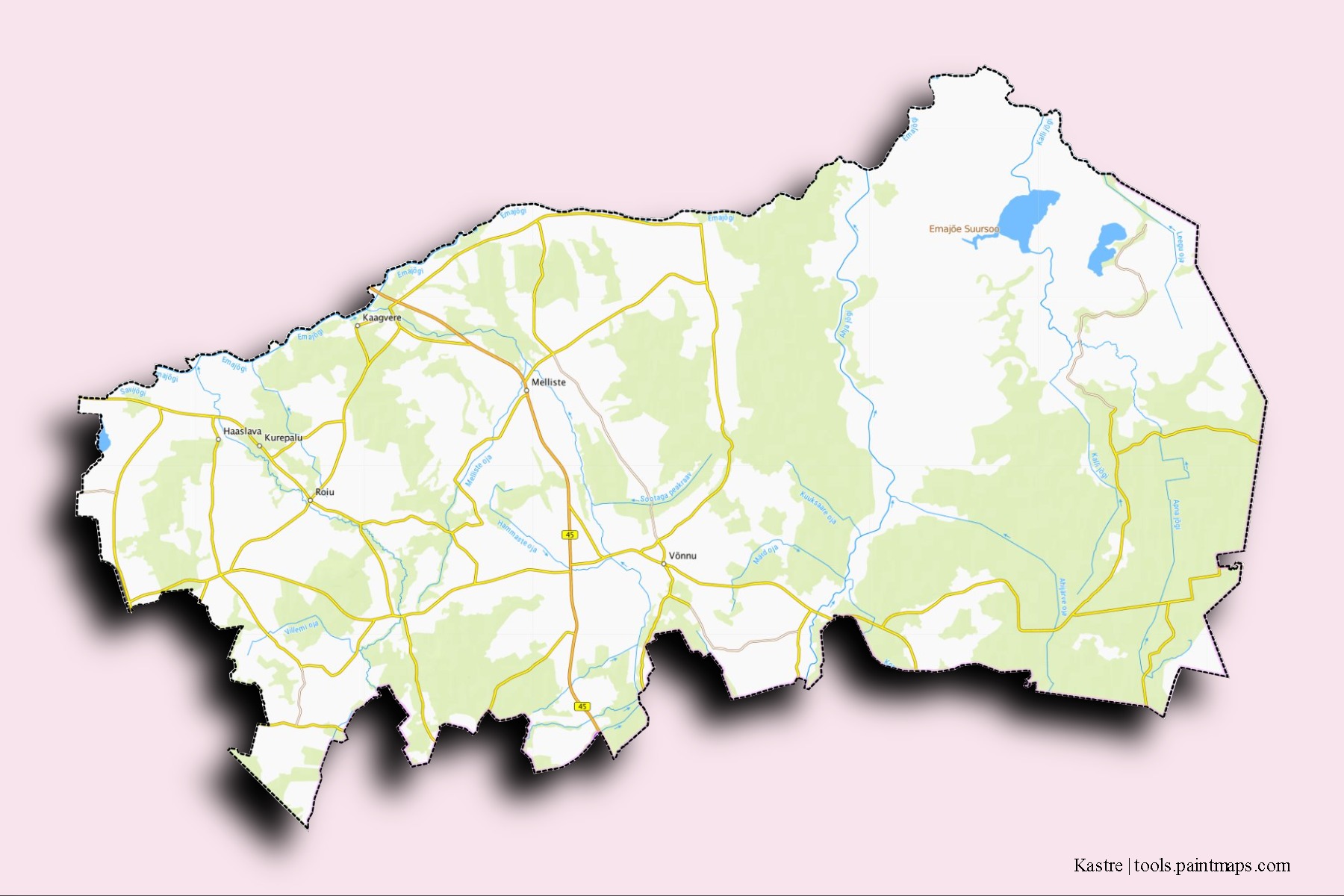 Mapa de barrios y pueblos de Kastre con efecto de sombra 3D