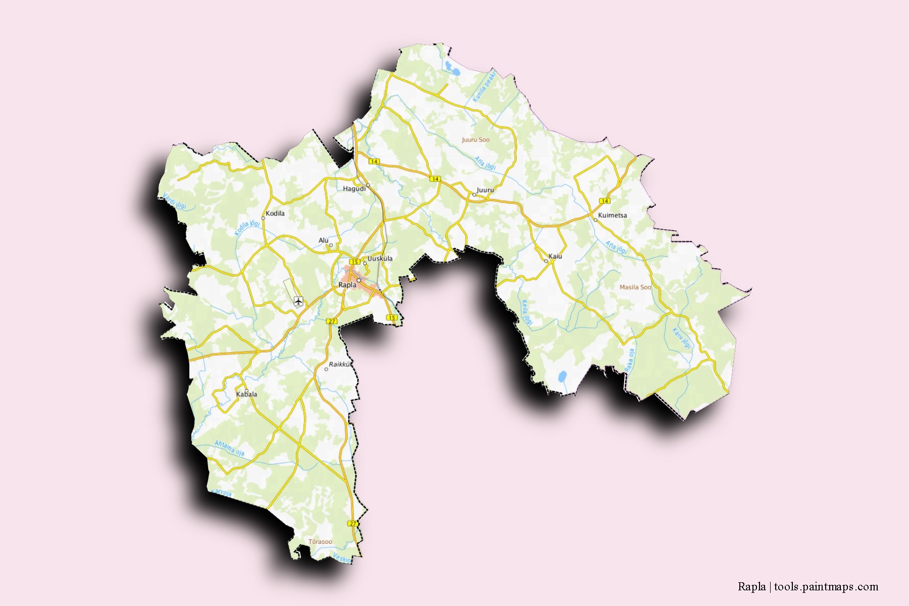 Rapla neighborhoods and villages map with 3D shadow effect