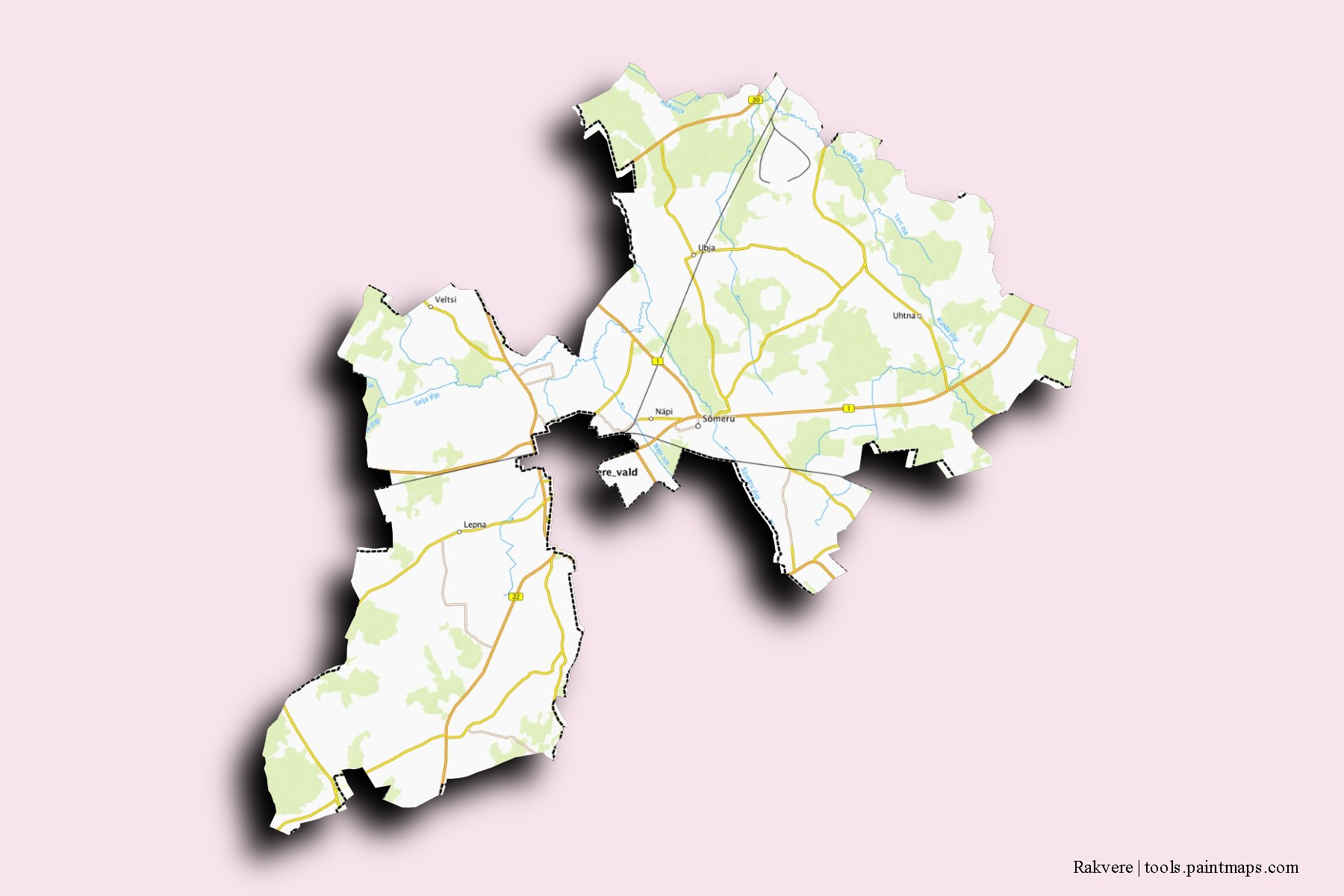 Mapa de barrios y pueblos de Rakvere con efecto de sombra 3D